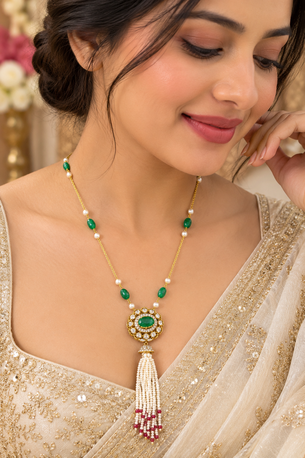 Designer 18 Karat Gold Emerald and Pearl Tassel Necklace