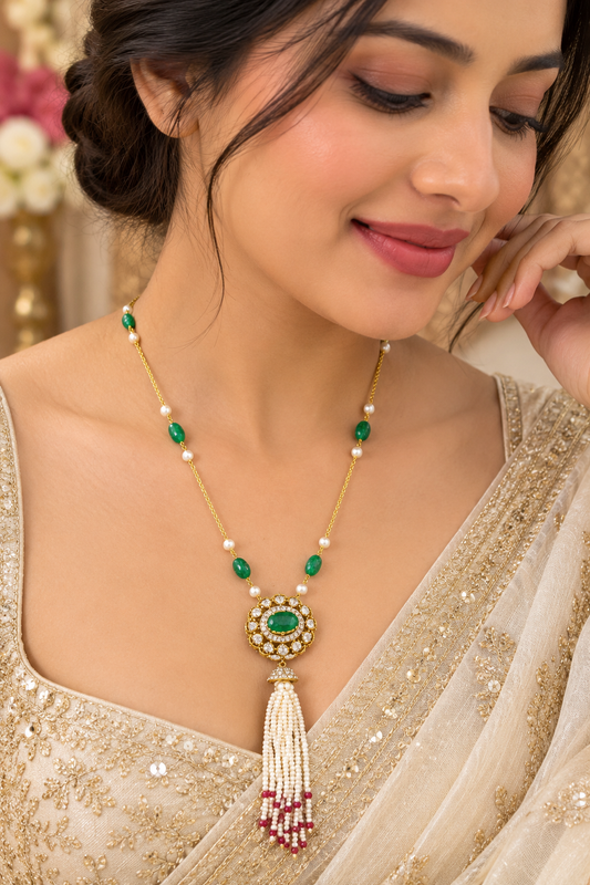 Designer 18 Karat Gold Emerald and Pearl Tassel Necklace