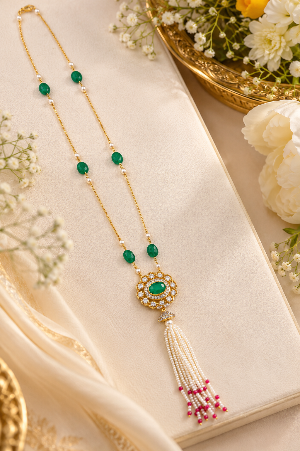 Designer 18 Karat Gold Emerald and Pearl Tassel Necklace