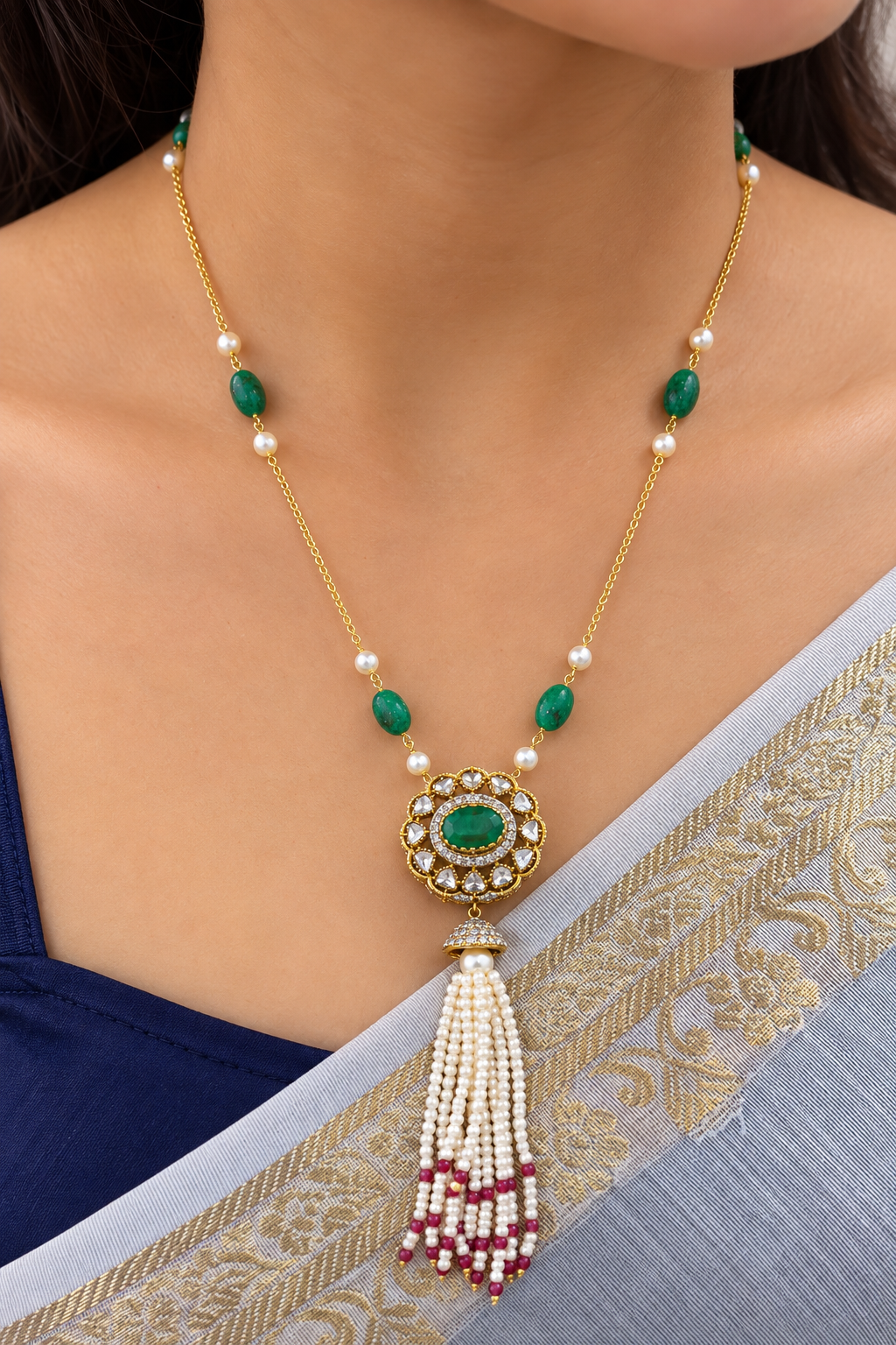 Designer 18 Karat Gold Emerald and Pearl Tassel Necklace