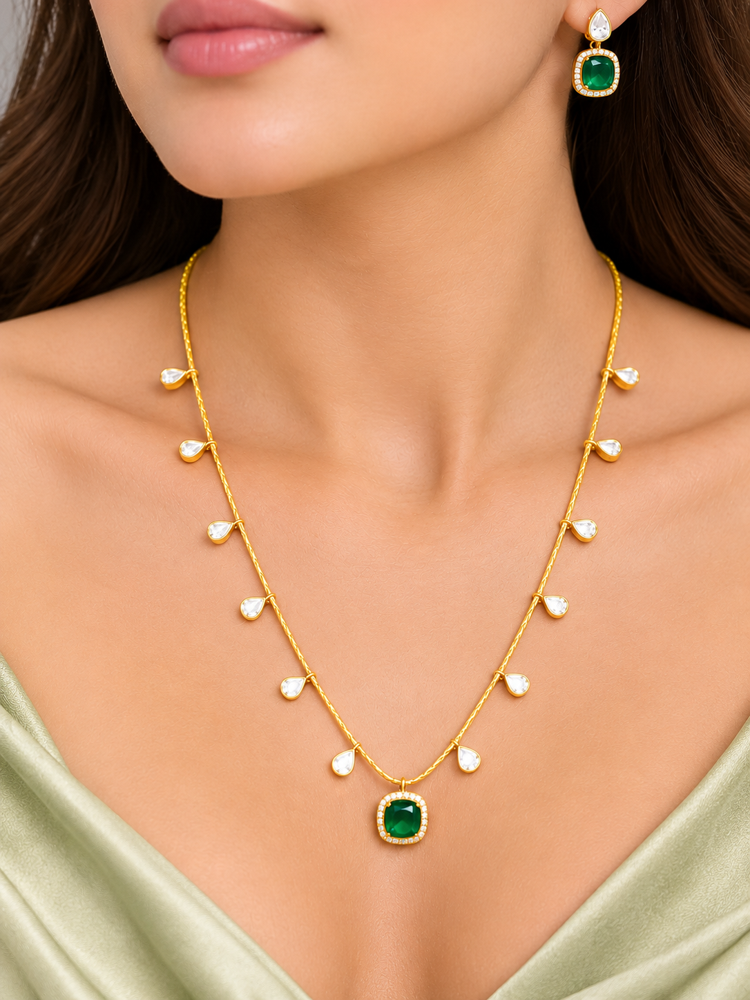 925 Sterling Silver Gold Plated Designer Chain Necklace With Green Stone Pendant & White Teardrop Stones