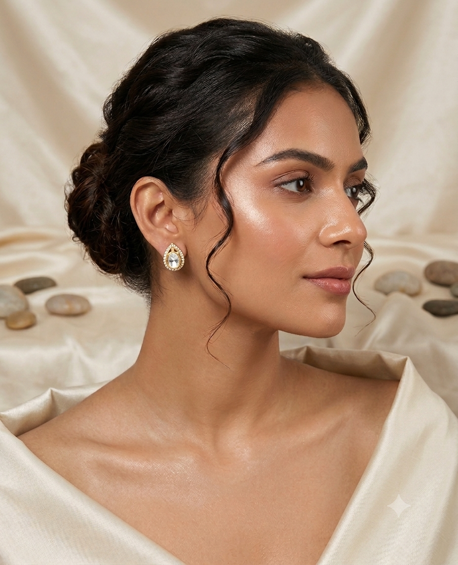 925 Silver Moissanite Polki Pear Shape Stud Earring