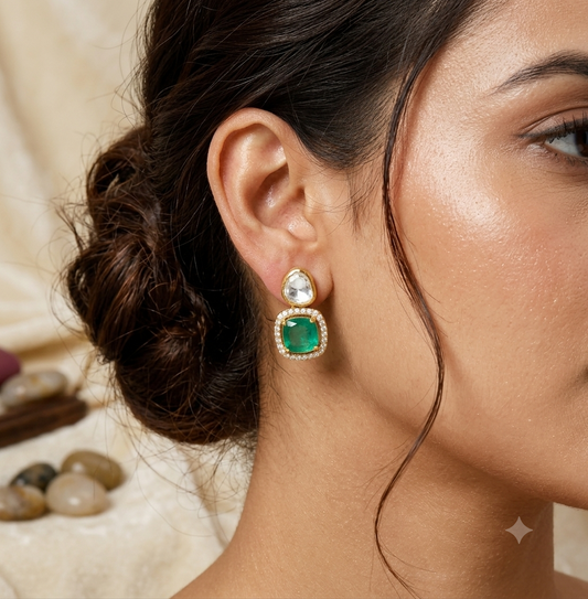 925 Silver Moissanite Polki Green Stud Earring