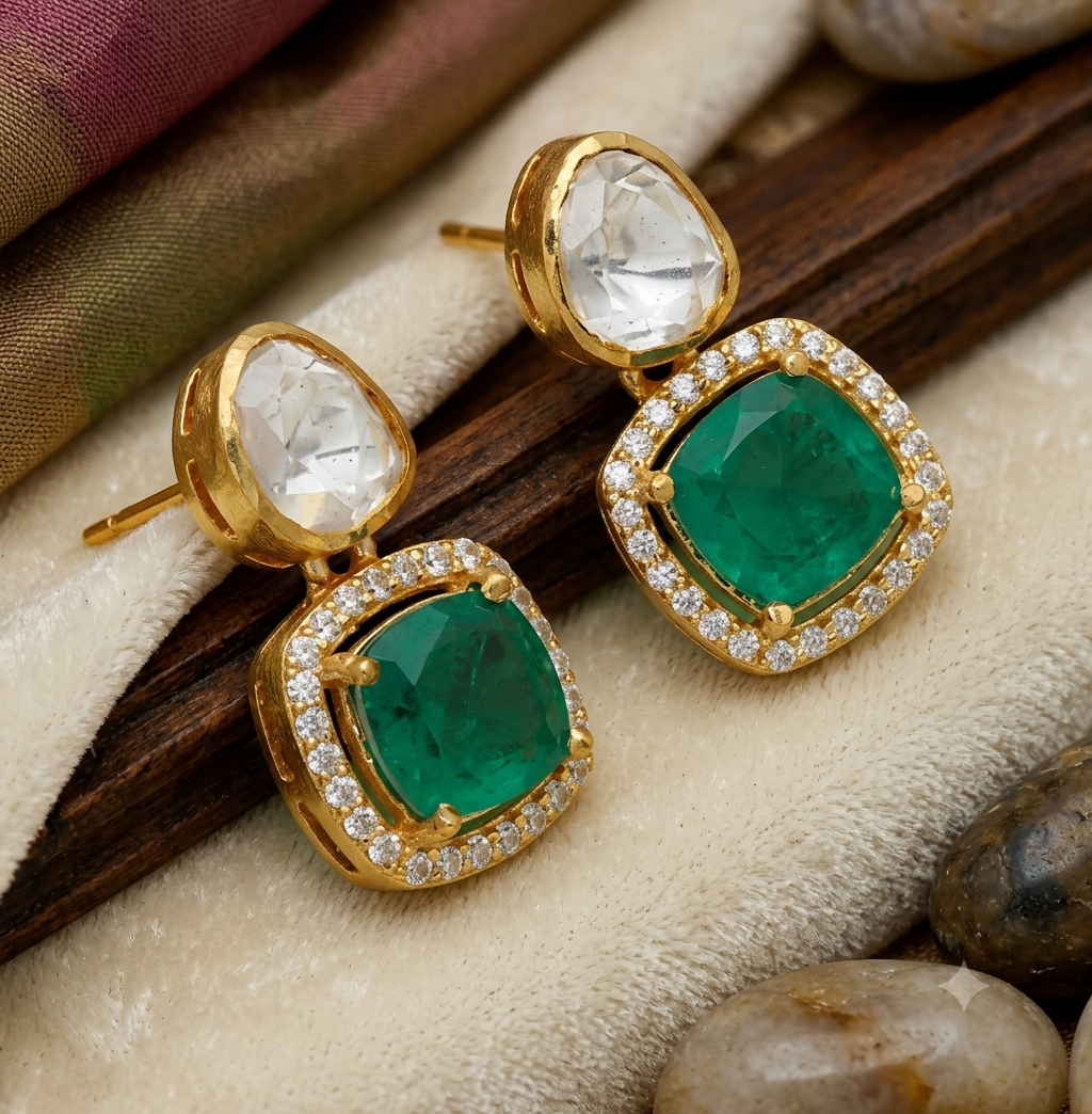 925 Silver Moissanite Polki Green Stud Earring