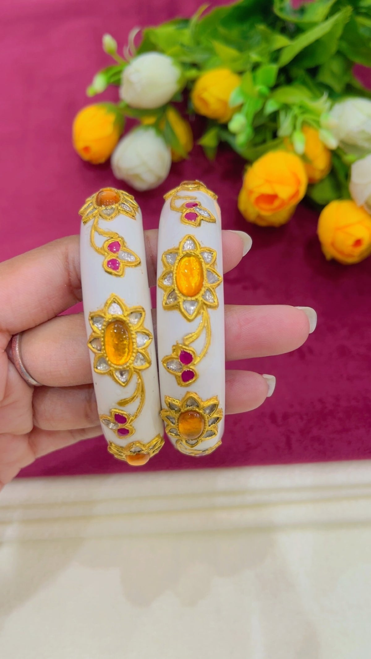 22 Karat Gold Bangles with Natural Diamond Polkis