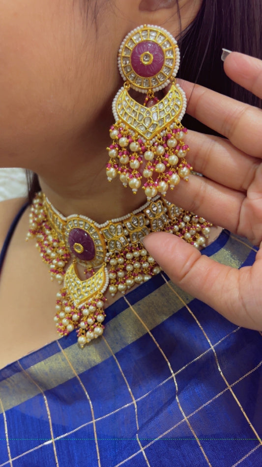 22K Gold Hallmarked Diamond Polki Red Choker Necklace Jewelry Set