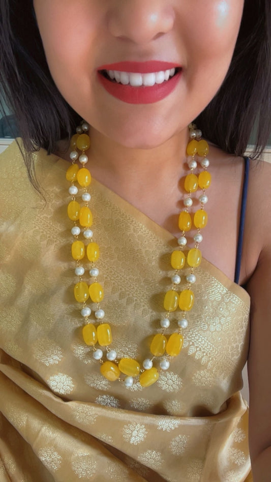 Natural Yellow Quartz & Pearl Gemstone Beads Necklace Jewelry