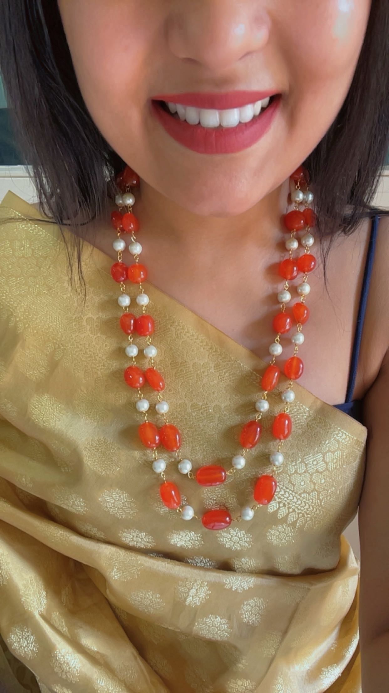 Natural Orange Quartz & Pearl Gemstone Beads Necklace Jewelry RBOGO