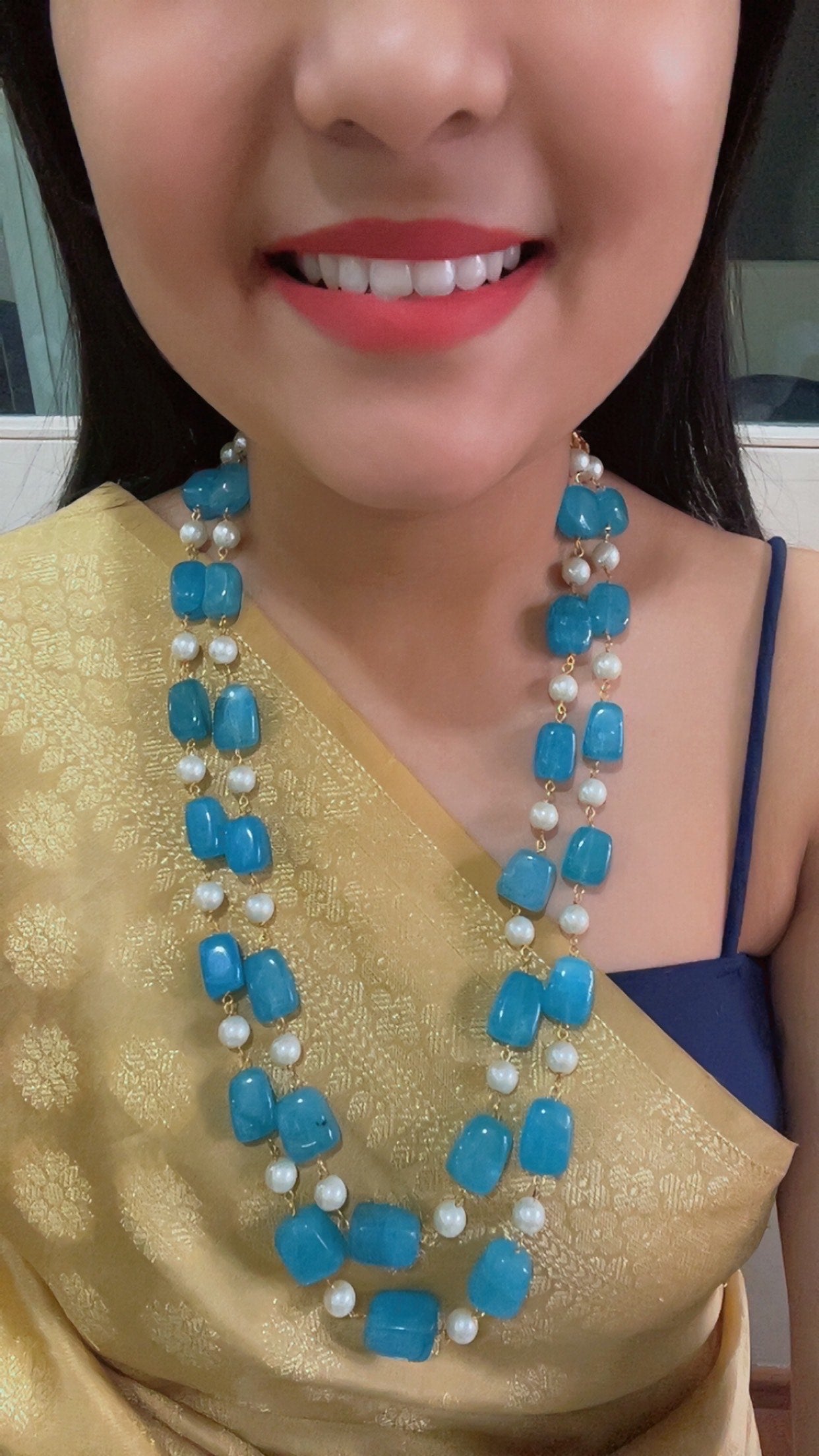 Natural Blue Quartz & Pearl Gemstone Beads Necklace Jewelry RG148