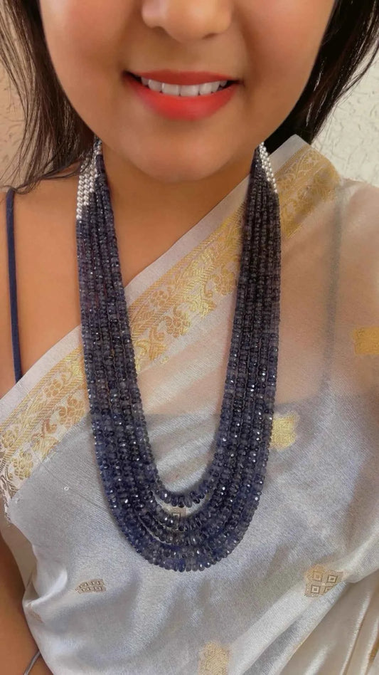 Natural Iolite & Pearl Gemstone Beads Necklace Jewelry