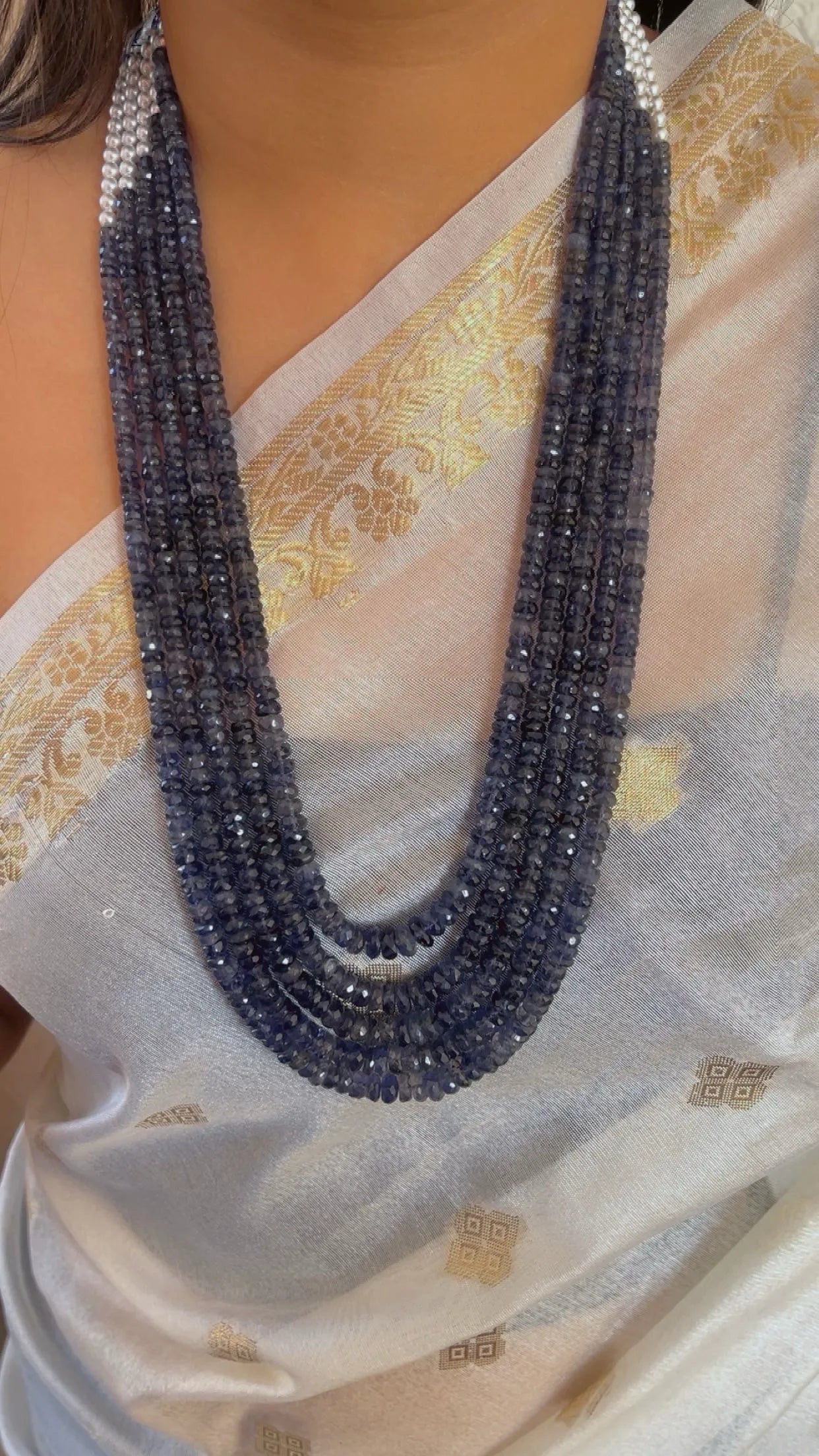 Natural Iolite & Pearl Gemstone Beads Necklace Jewelry