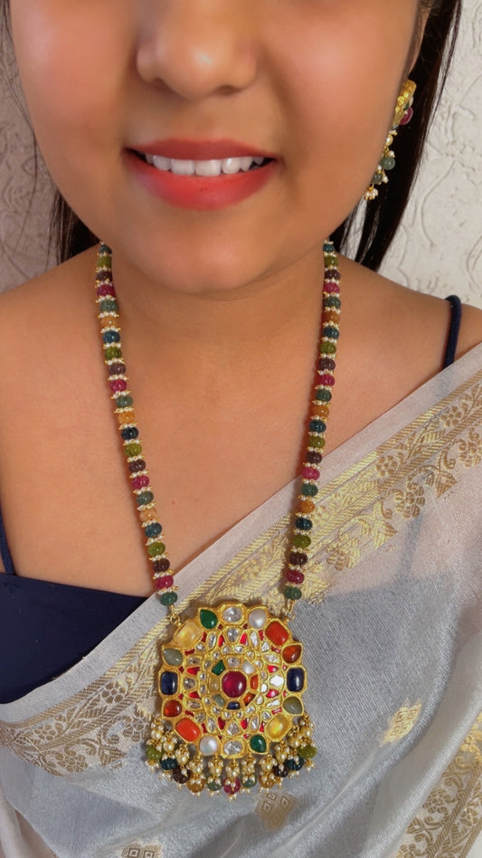 22K Gold Hallmarked Diamond Polki Navratan Necklace Jewelry