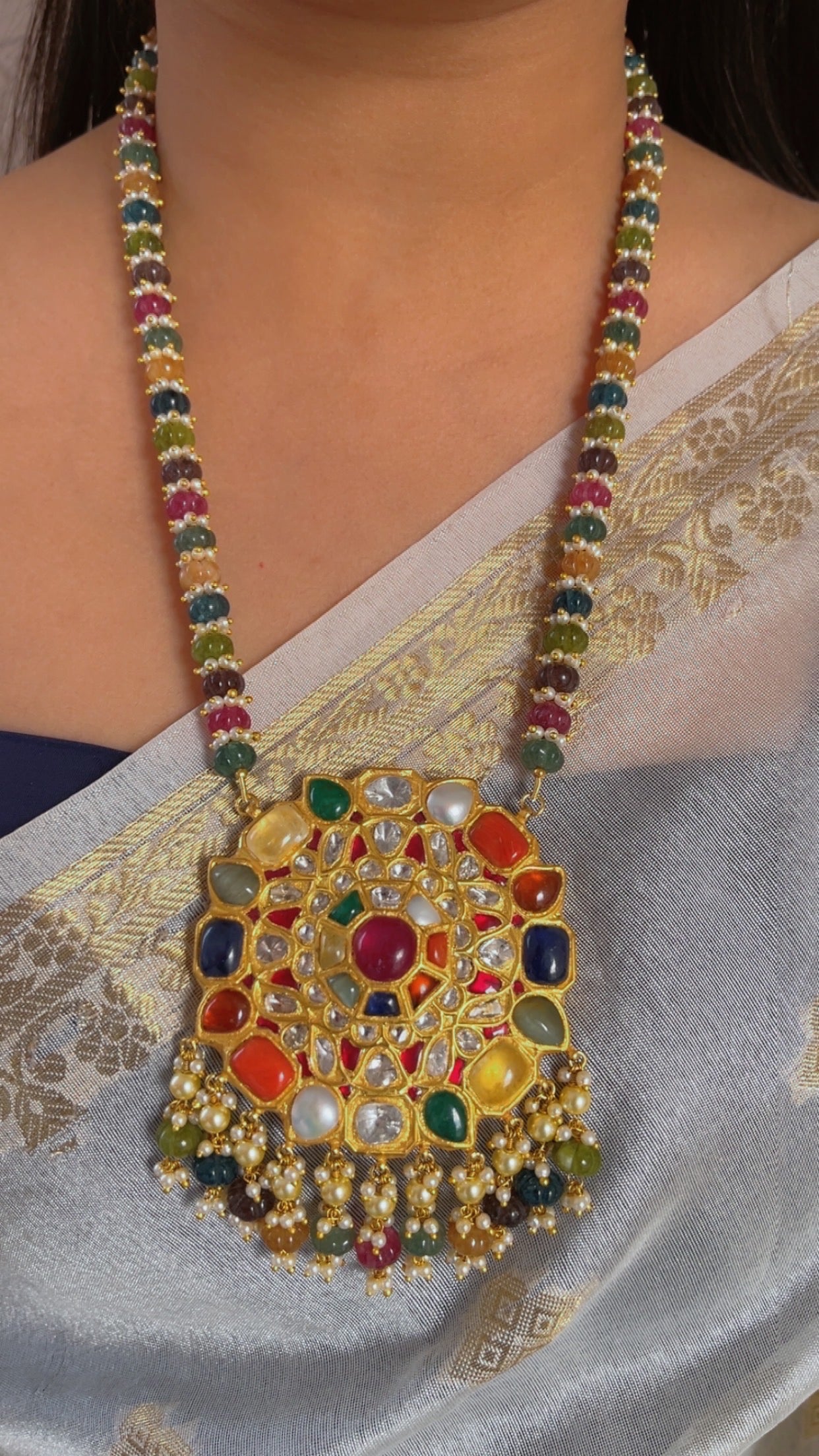22K Gold Hallmarked Diamond Polki Navratan Necklace Jewelry