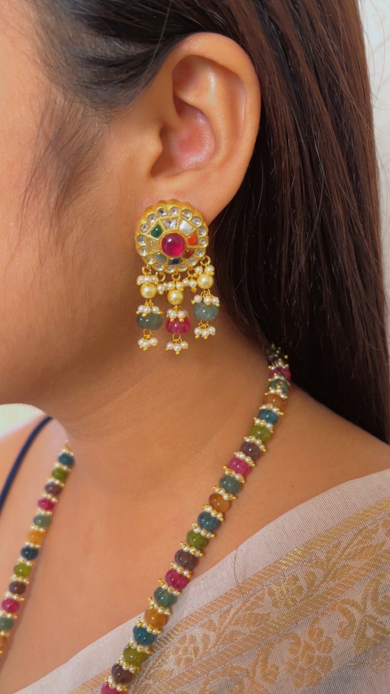 22K Gold Hallmarked Diamond Polki Navratan Necklace Jewelry