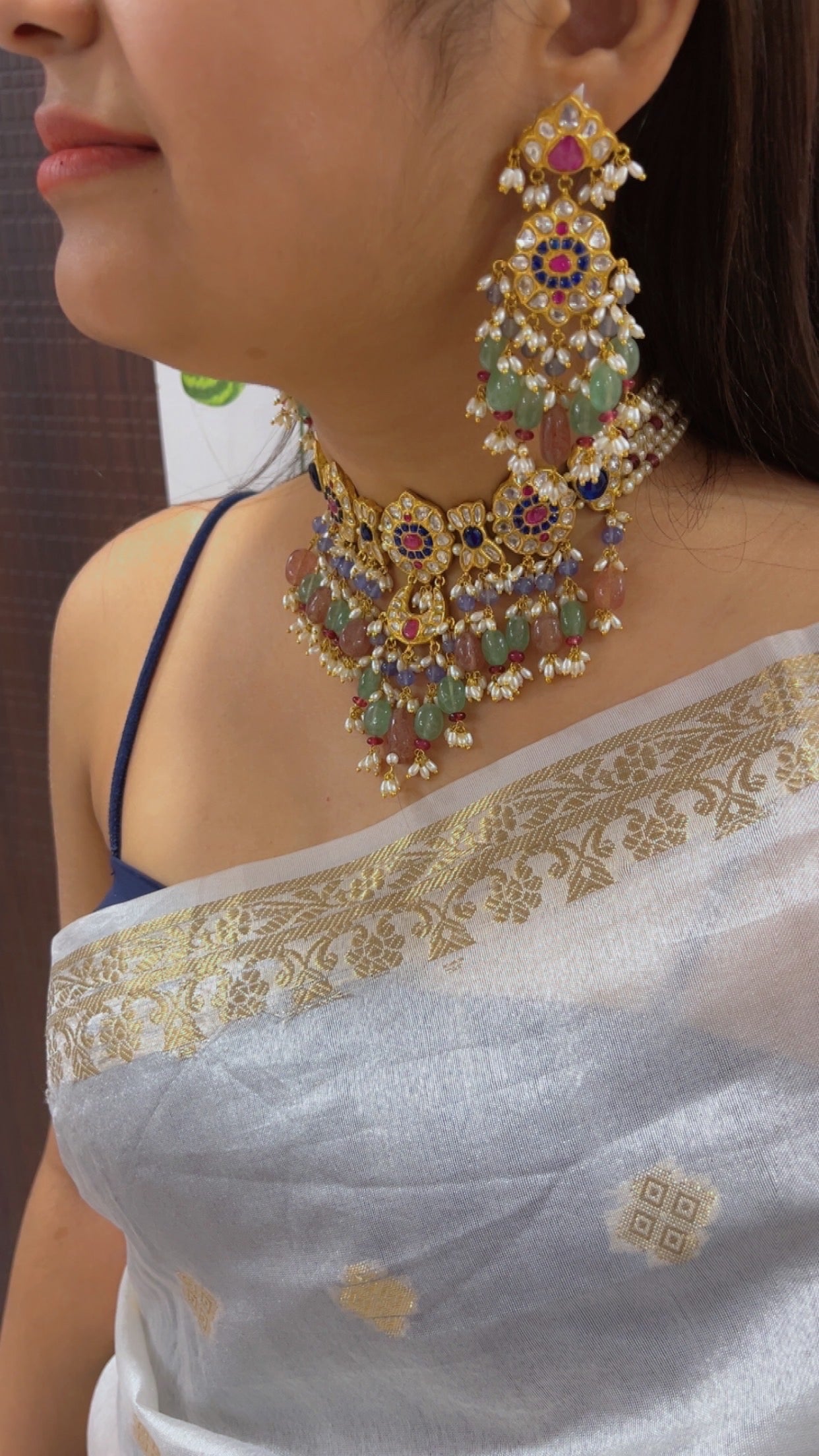 22K Gold Hallmarked Diamond Polki Necklace Jewelry