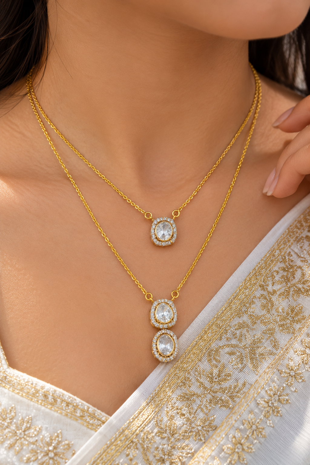 Designer 18 Karat Gold Double Layer Polki Pendant Necklace