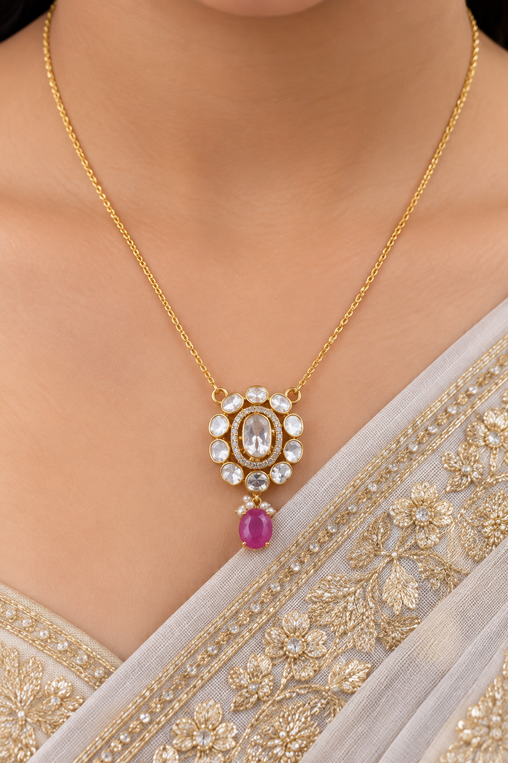 Designer 18 Karat Gold Polki Pendant Chain with Ruby Drop Necklace