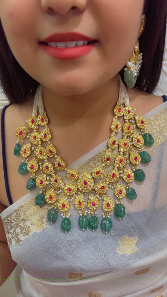 22K Gold Hallmarked Diamond Polki Red Green Necklace Jewelry