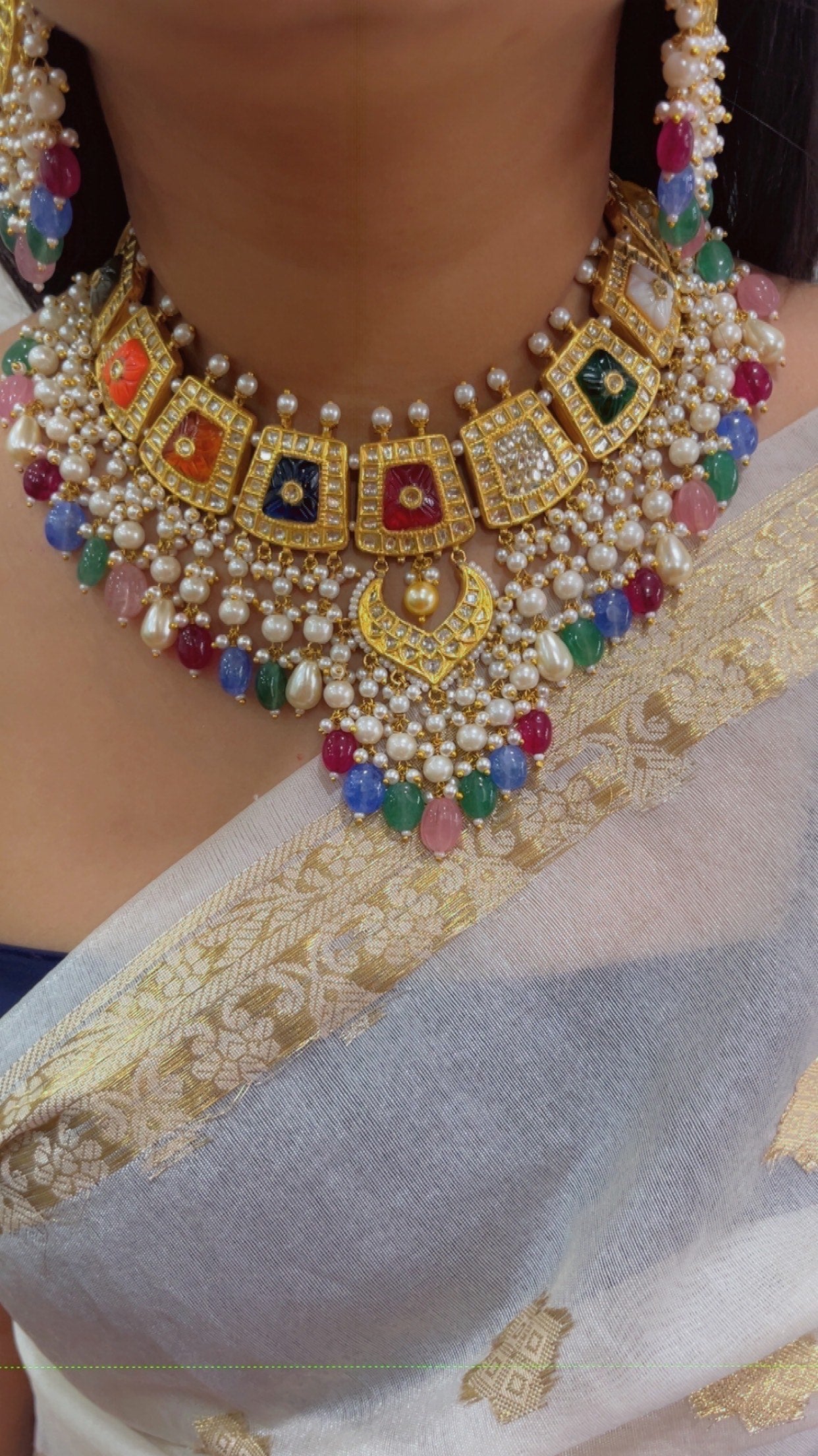22K Gold Hallmarked Diamond Polki Multi Choker Necklace Jewelry