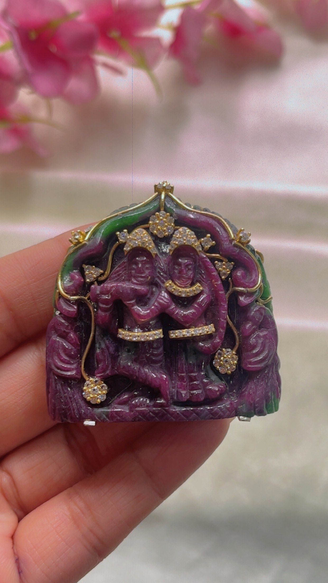 Natural 925 Silver Ruby Gemstone Radha Krishna Carving