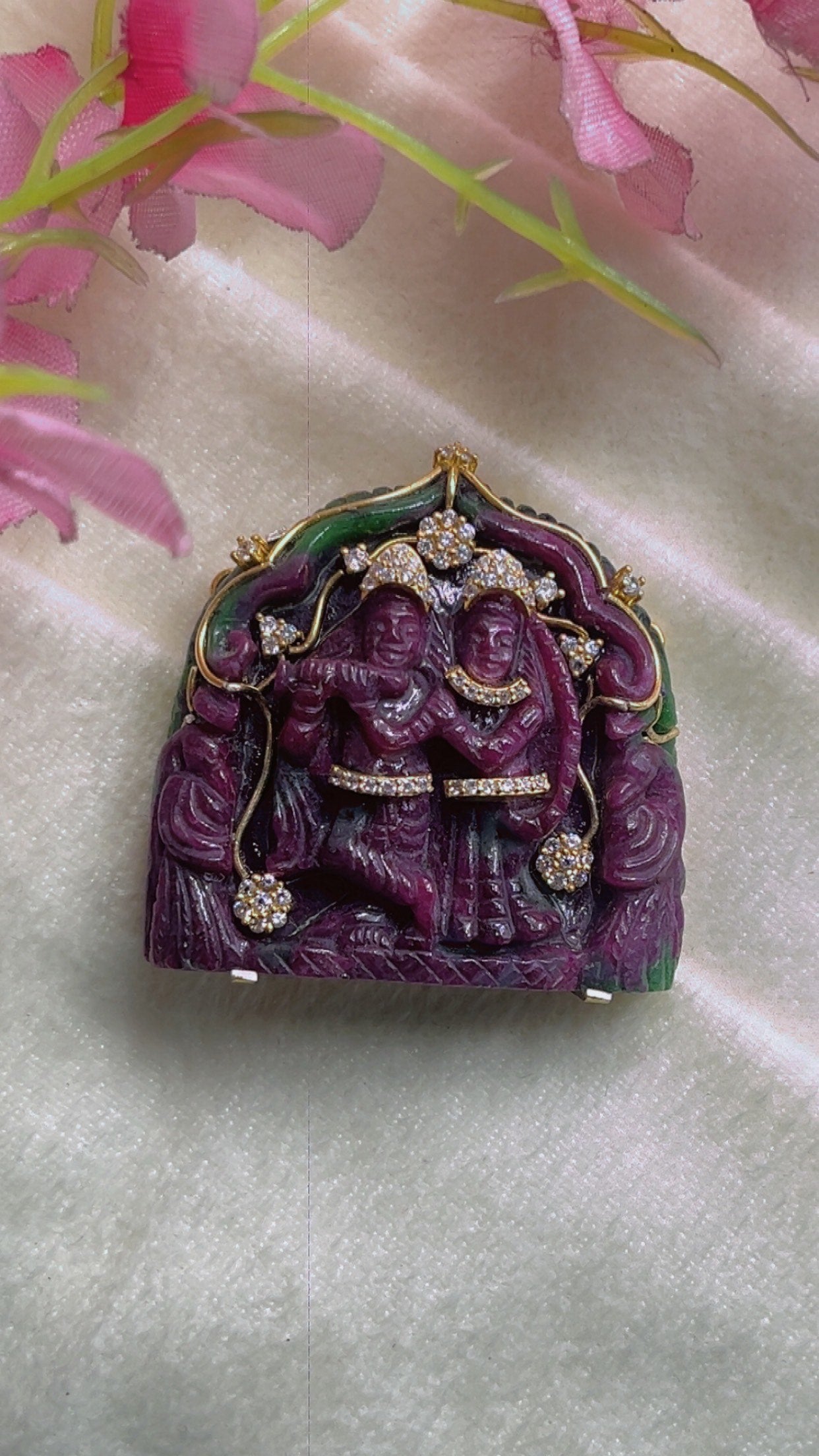 Natural 925 Silver Ruby Gemstone Radha Krishna Carving