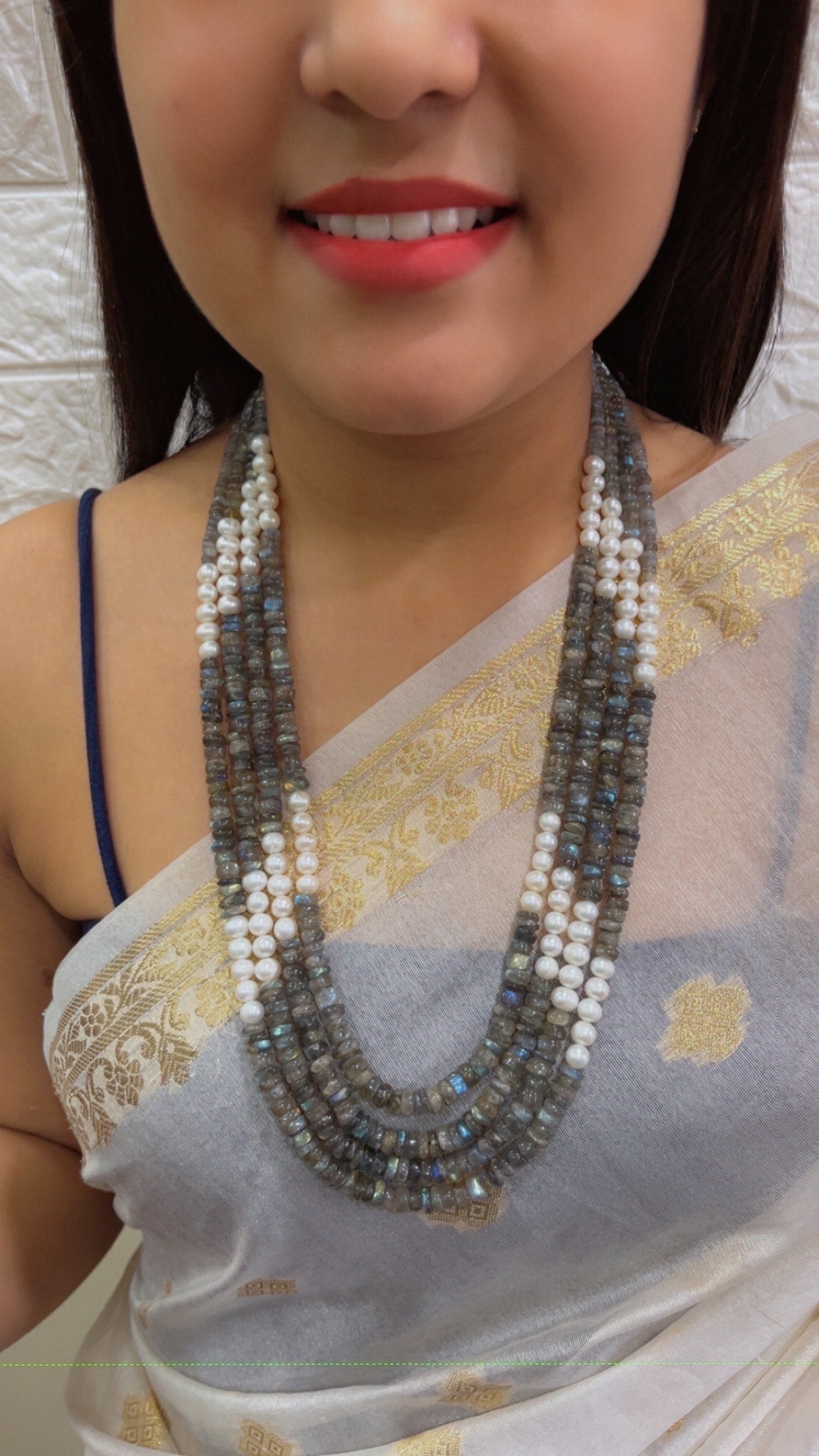 Natural Labradorite & Pearl Gemstone Beads Necklace Jewelry QC1