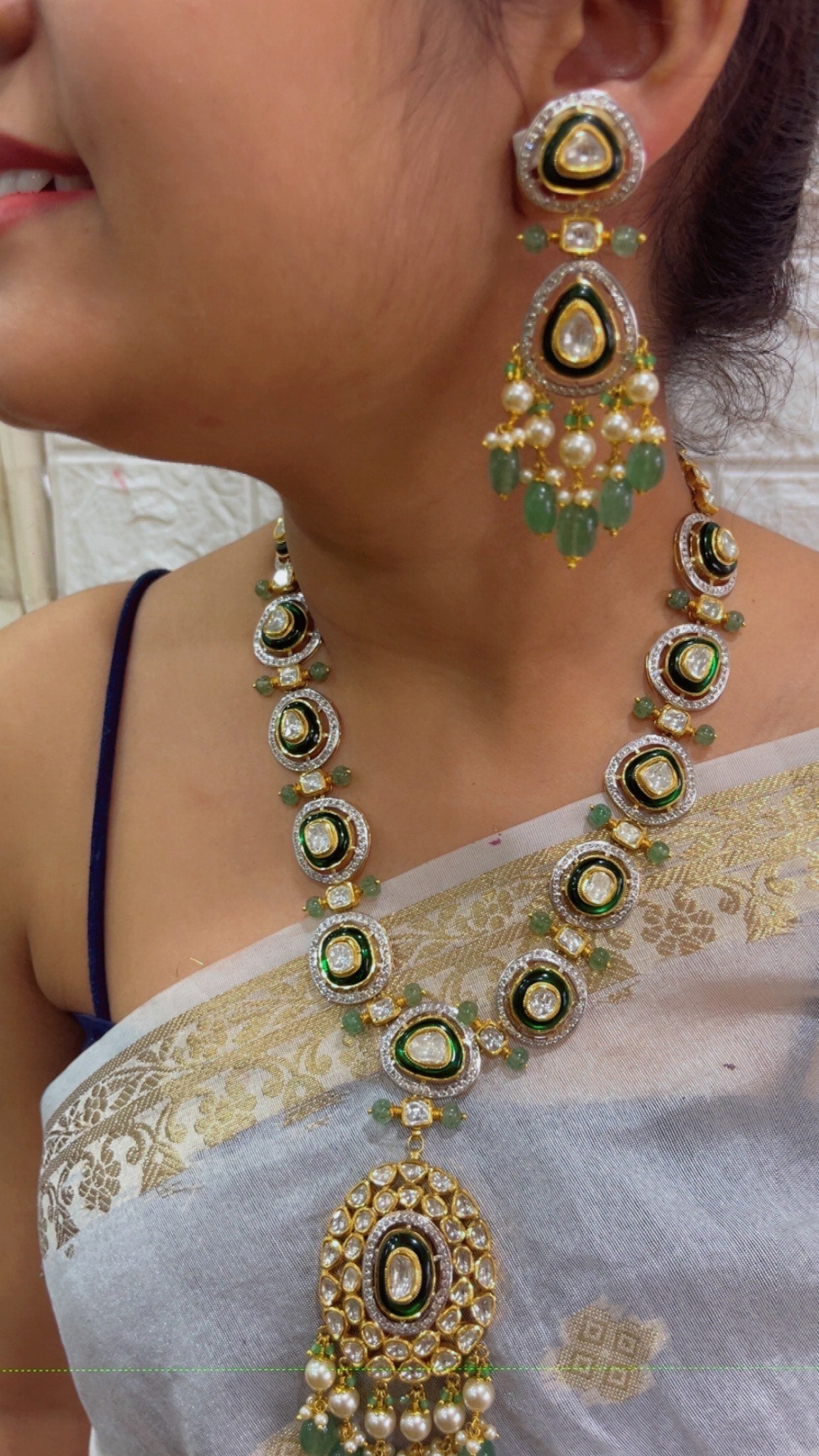 14K Gold Hallmarked Diamond Polki Jadau Gold Necklace Jewelry