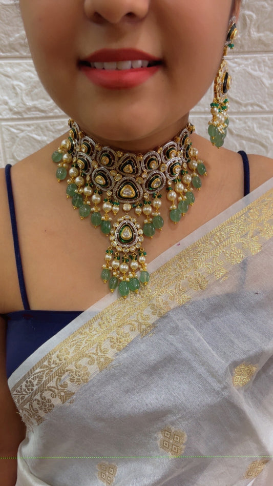 4K Gold Hallmarked Diamond Polki Jadau Choker Gold Necklace Jewelry