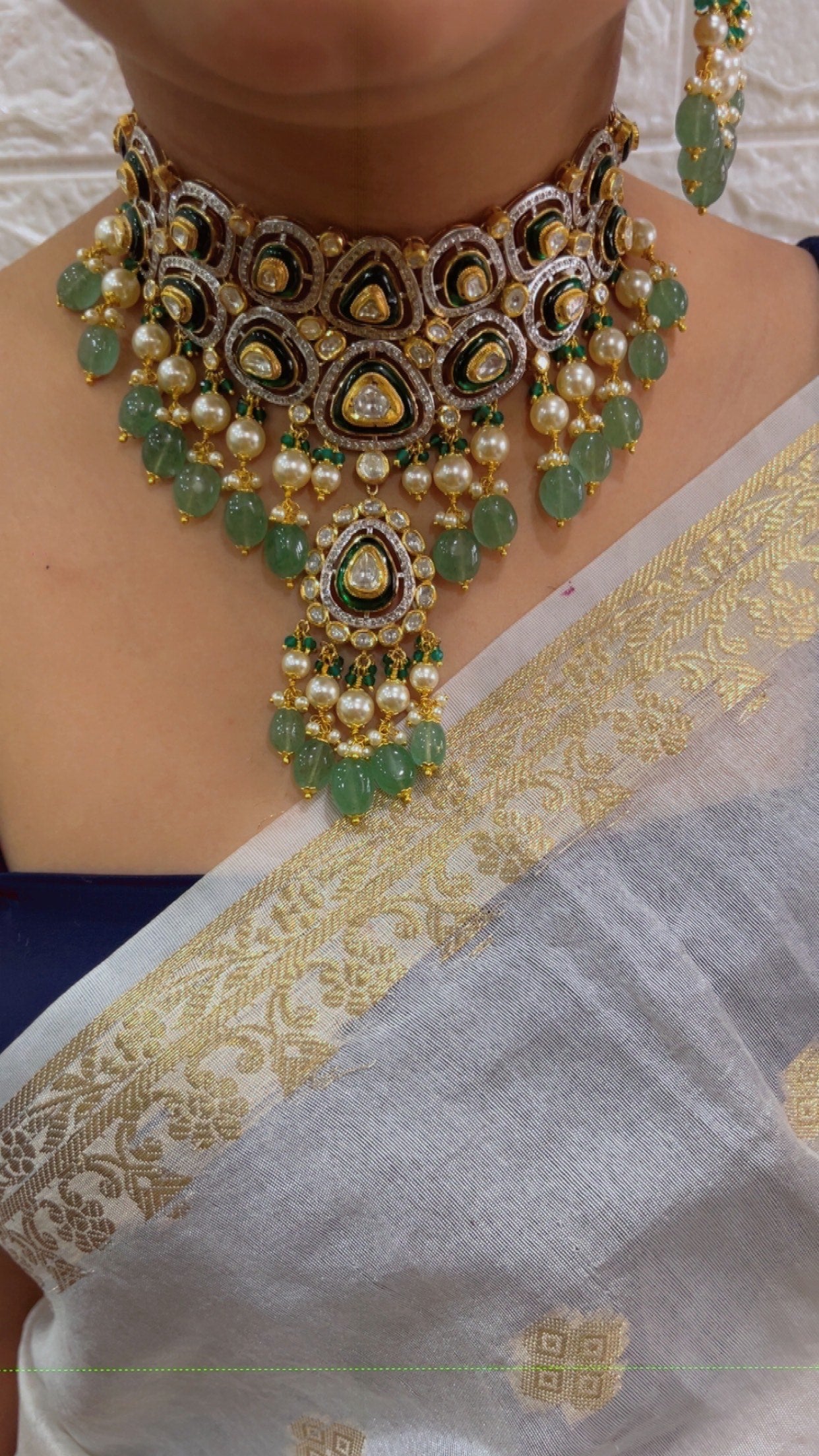 4K Gold Hallmarked Diamond Polki Jadau Choker Gold Necklace Jewelry