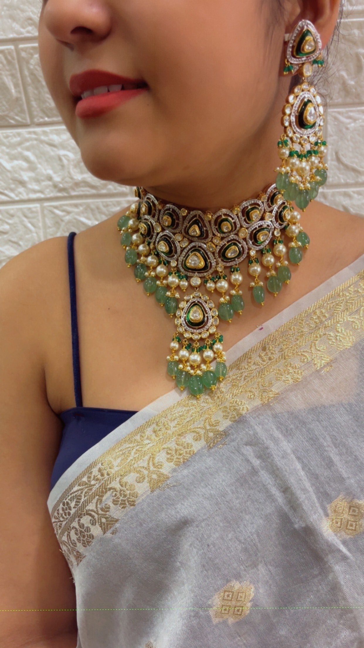 4K Gold Hallmarked Diamond Polki Jadau Choker Gold Necklace Jewelry