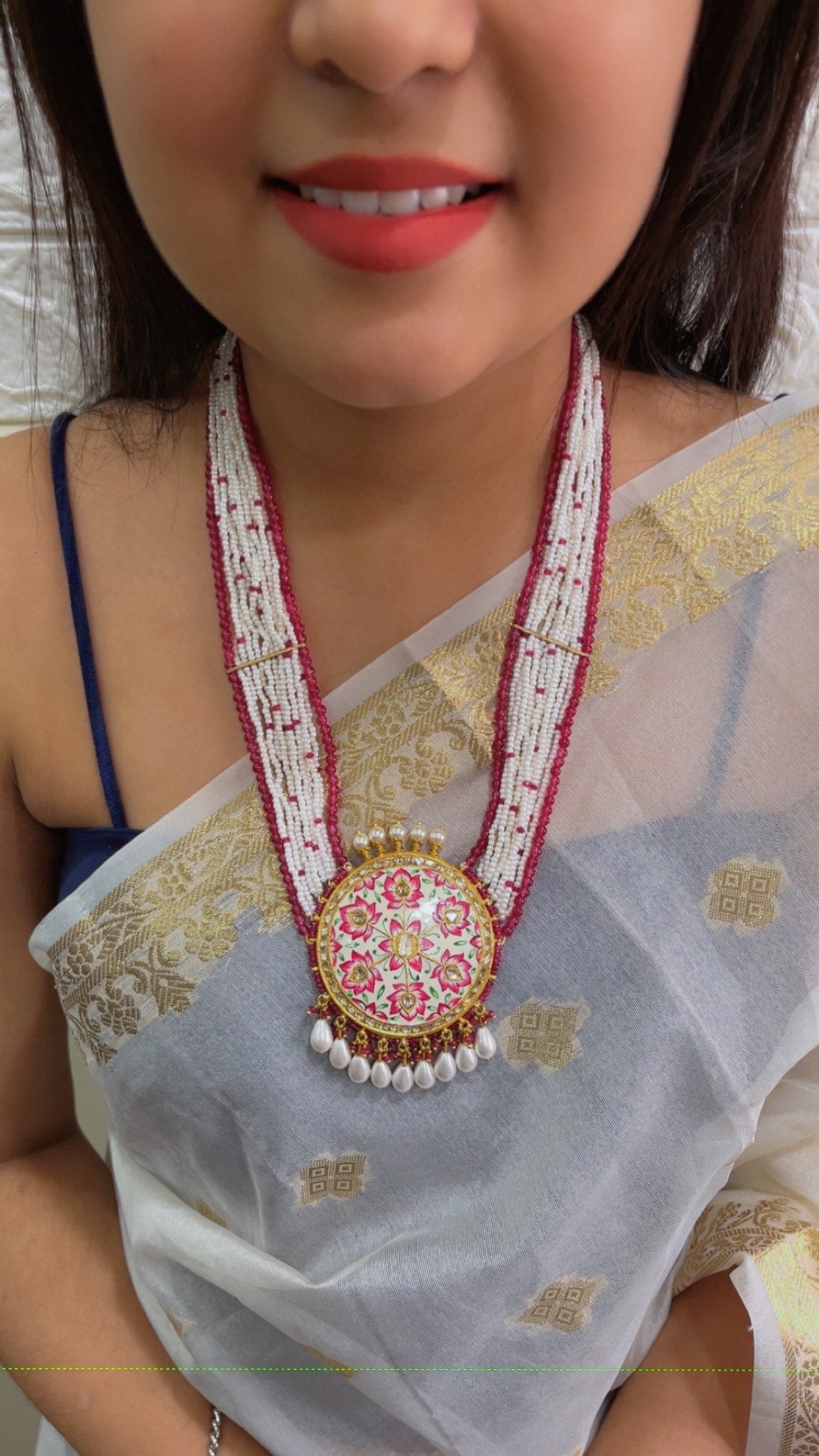 22K Gold Hallmarked Diamond Polki Red Necklace Jewelry