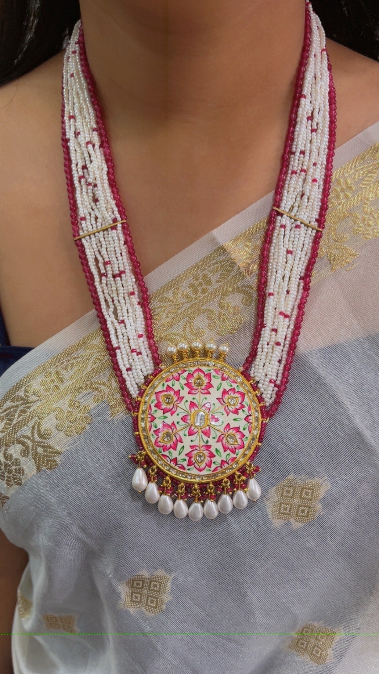 22K Gold Hallmarked Diamond Polki Red Necklace Jewelry