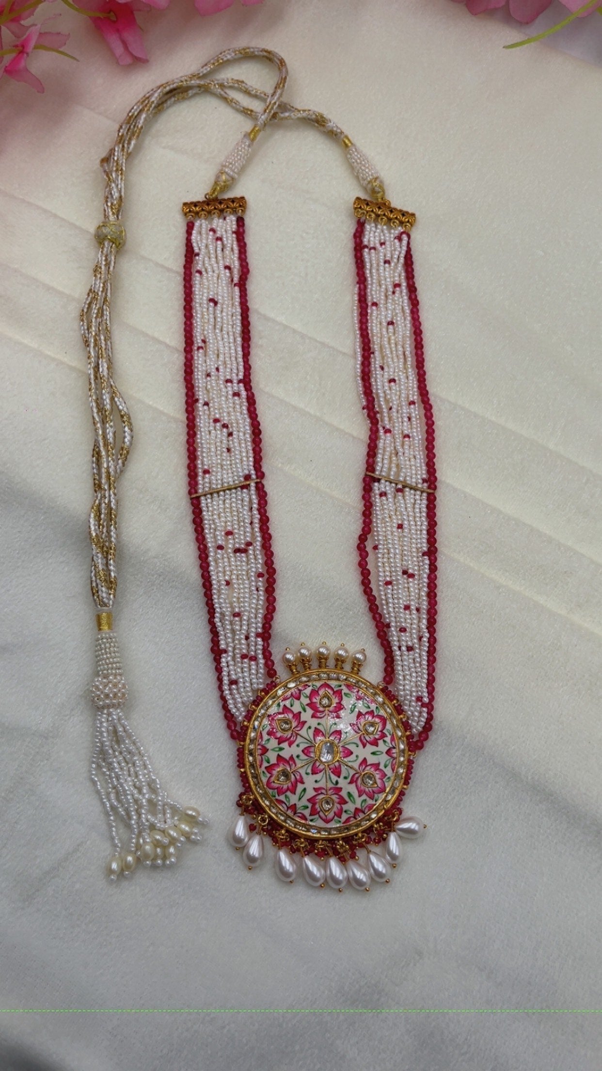 22K Gold Hallmarked Diamond Polki Red Necklace Jewelry
