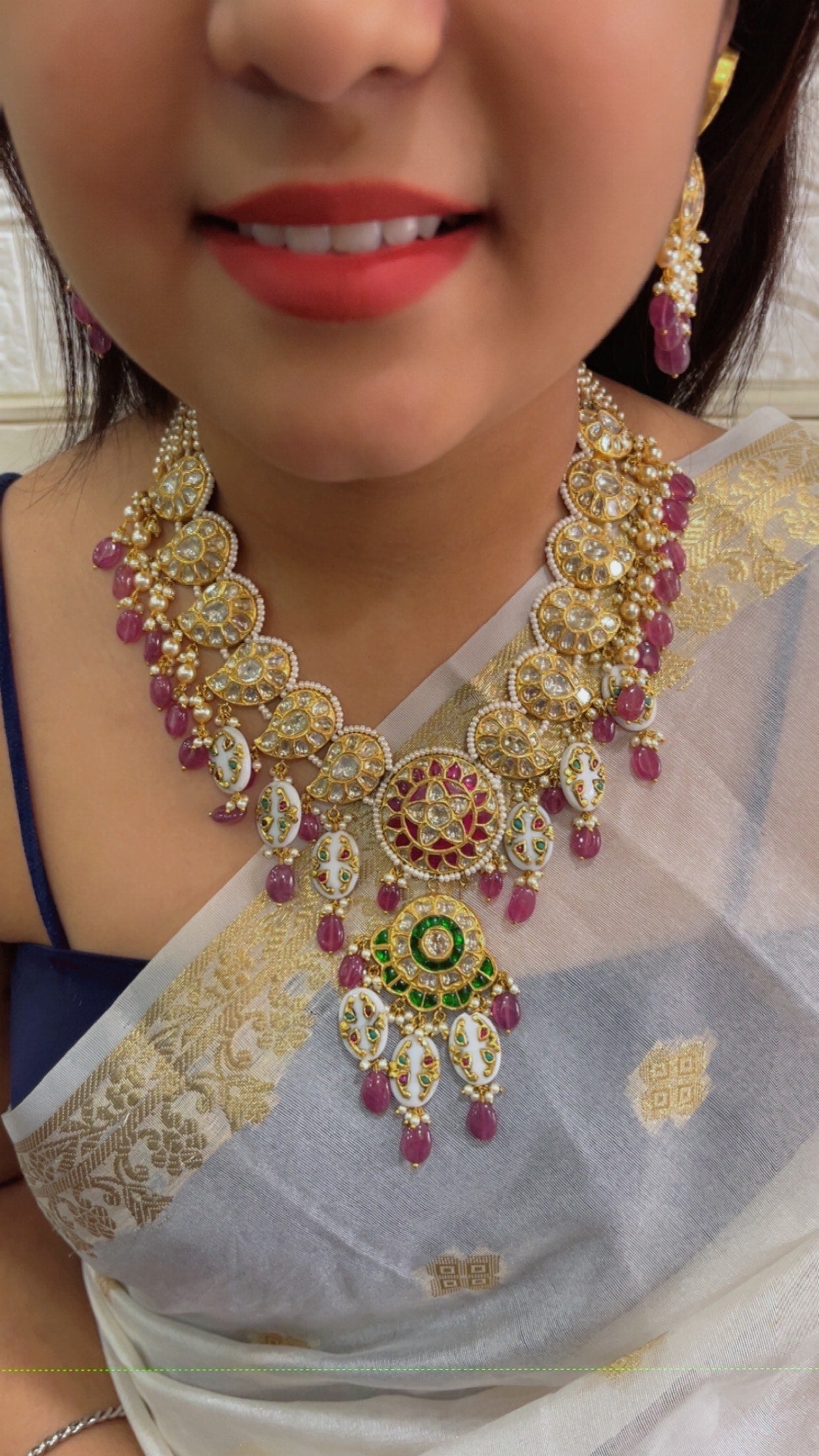 22K Gold Hallmarked Diamond Polki Red Necklace Jewelry