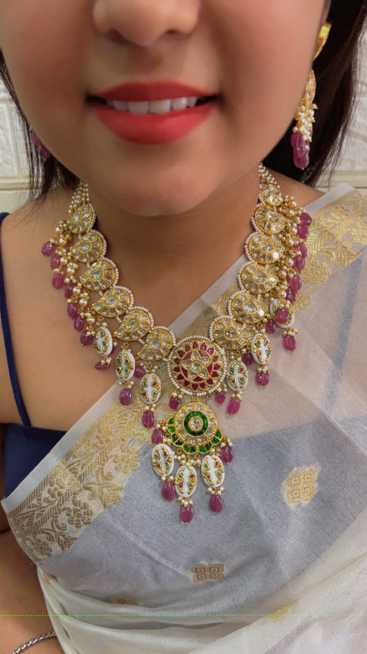 22K Gold Hallmarked Diamond Polki Red Necklace Jewelry