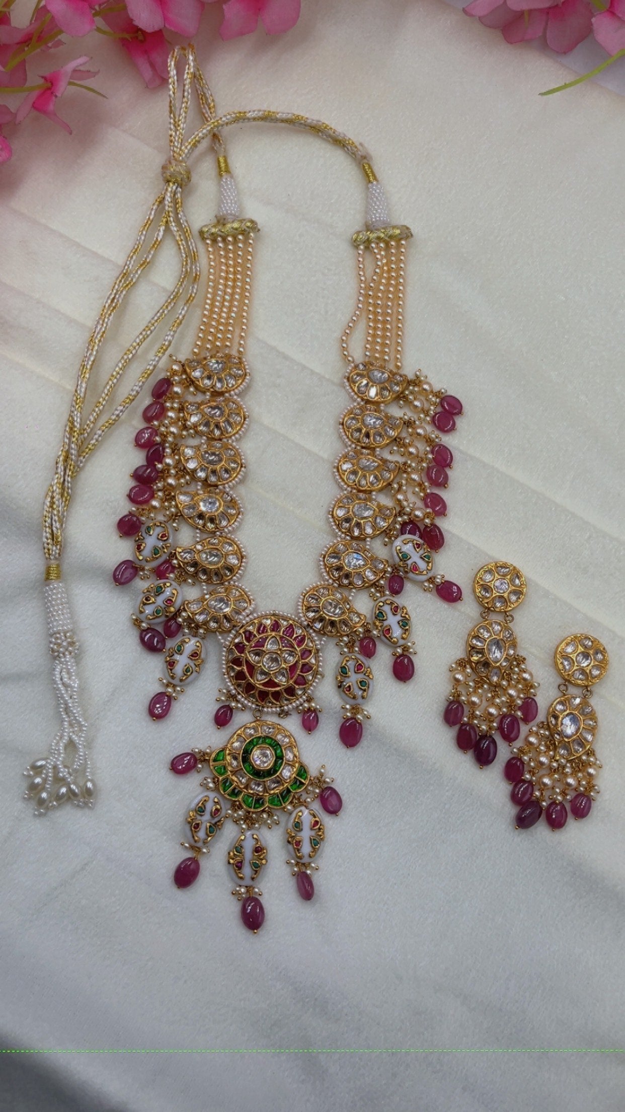 22K Gold Hallmarked Diamond Polki Red Necklace Jewelry