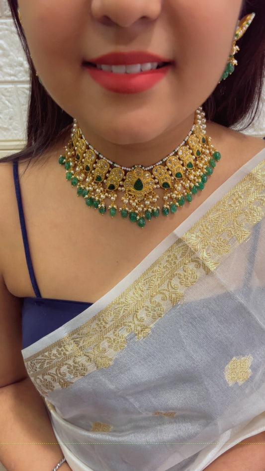 22K Gold Hallmarked Diamond Polki Green Choker Necklace Jewelry