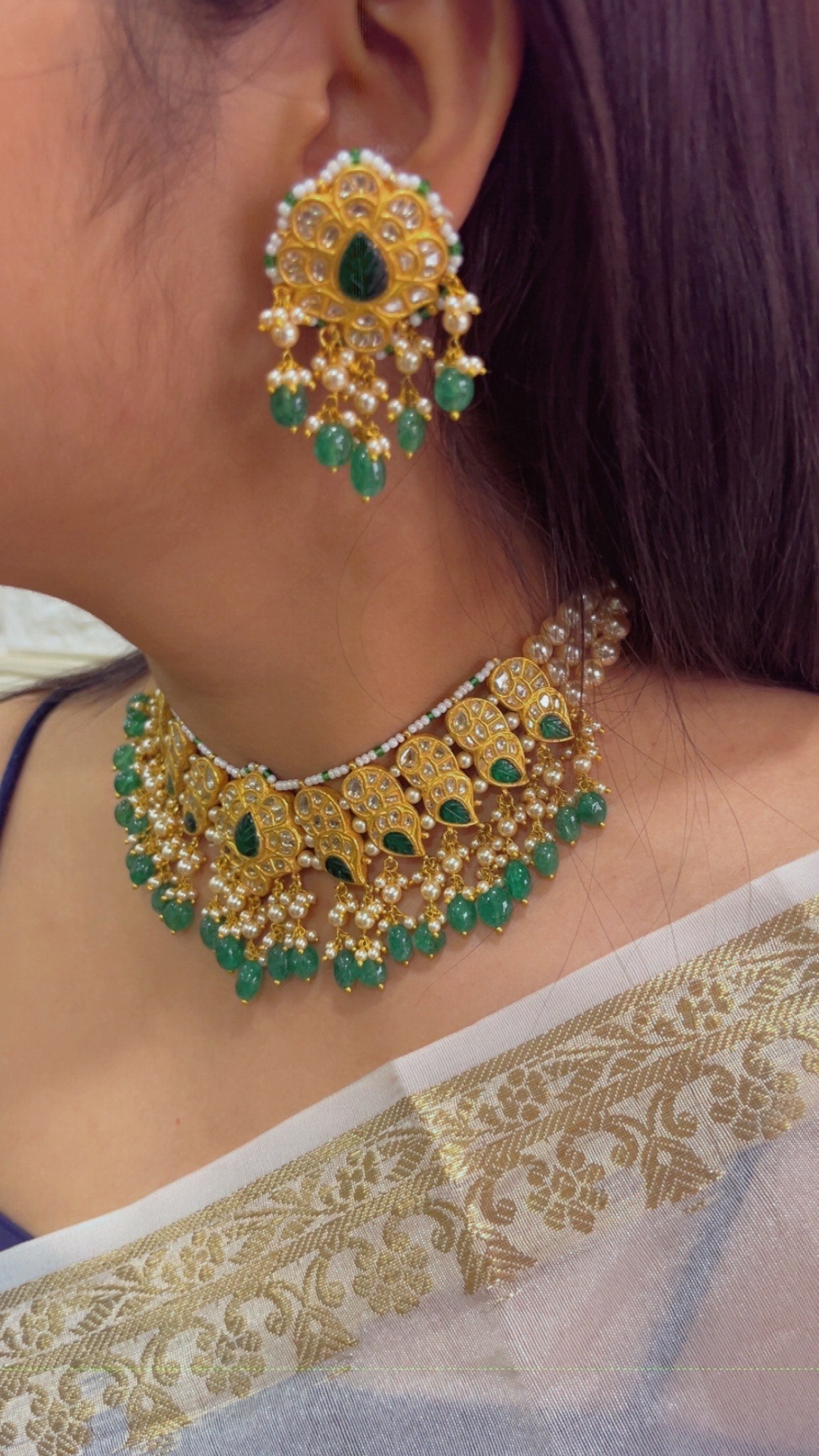 22K Gold Hallmarked Diamond Polki Green Choker Necklace Jewelry