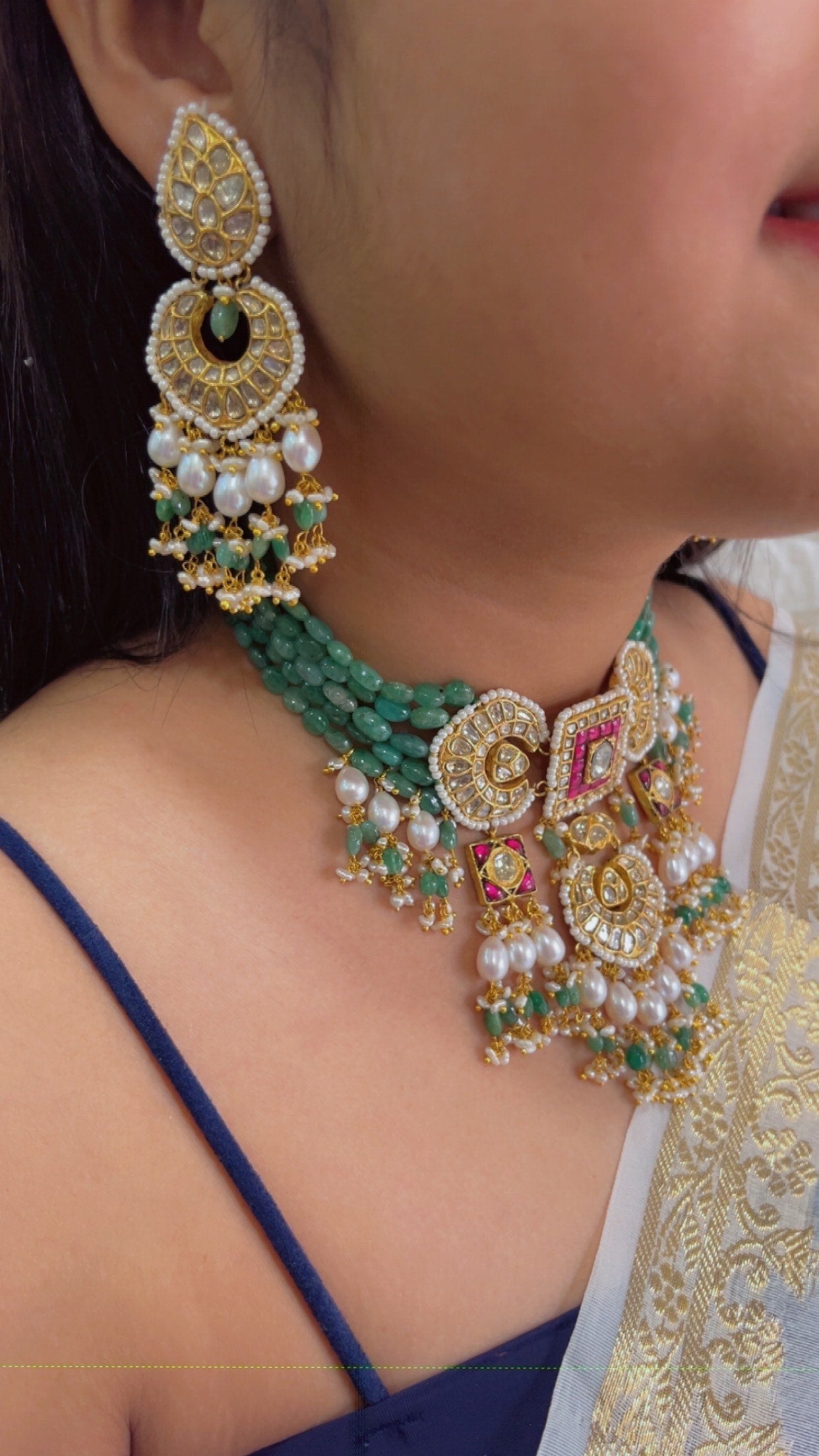 22K Gold Hallmarked Diamond Polki Green Choker Necklace Jewelry