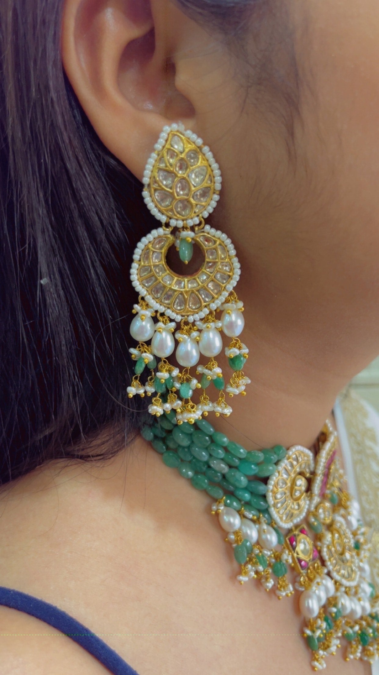 22K Gold Hallmarked Diamond Polki Green Choker Necklace Jewelry