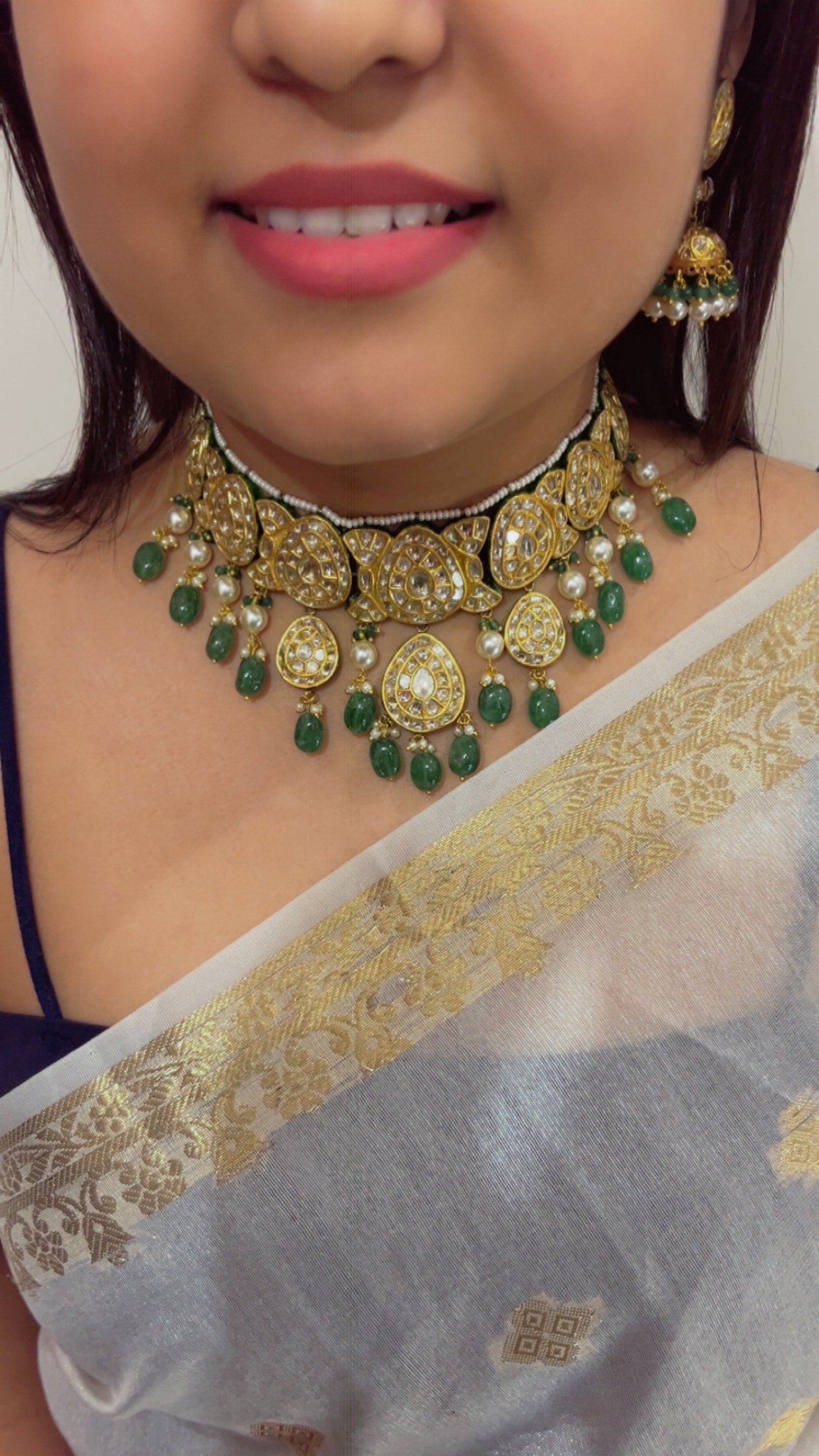 22K Gold Hallmarked Diamond Polki Green Choker Necklace Jewelry