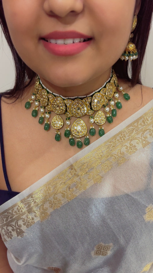 22K Gold Hallmarked Diamond Polki Green Choker Necklace Jewelry