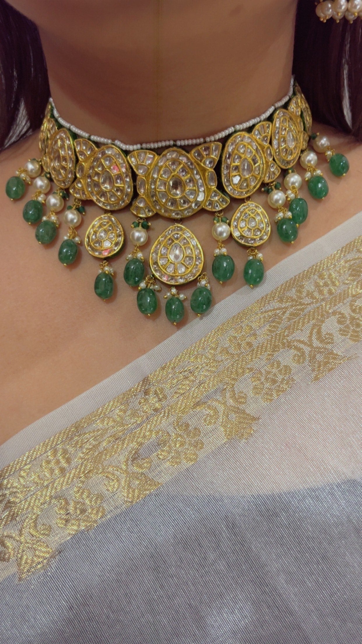 22K Gold Hallmarked Diamond Polki Green Choker Necklace Jewelry