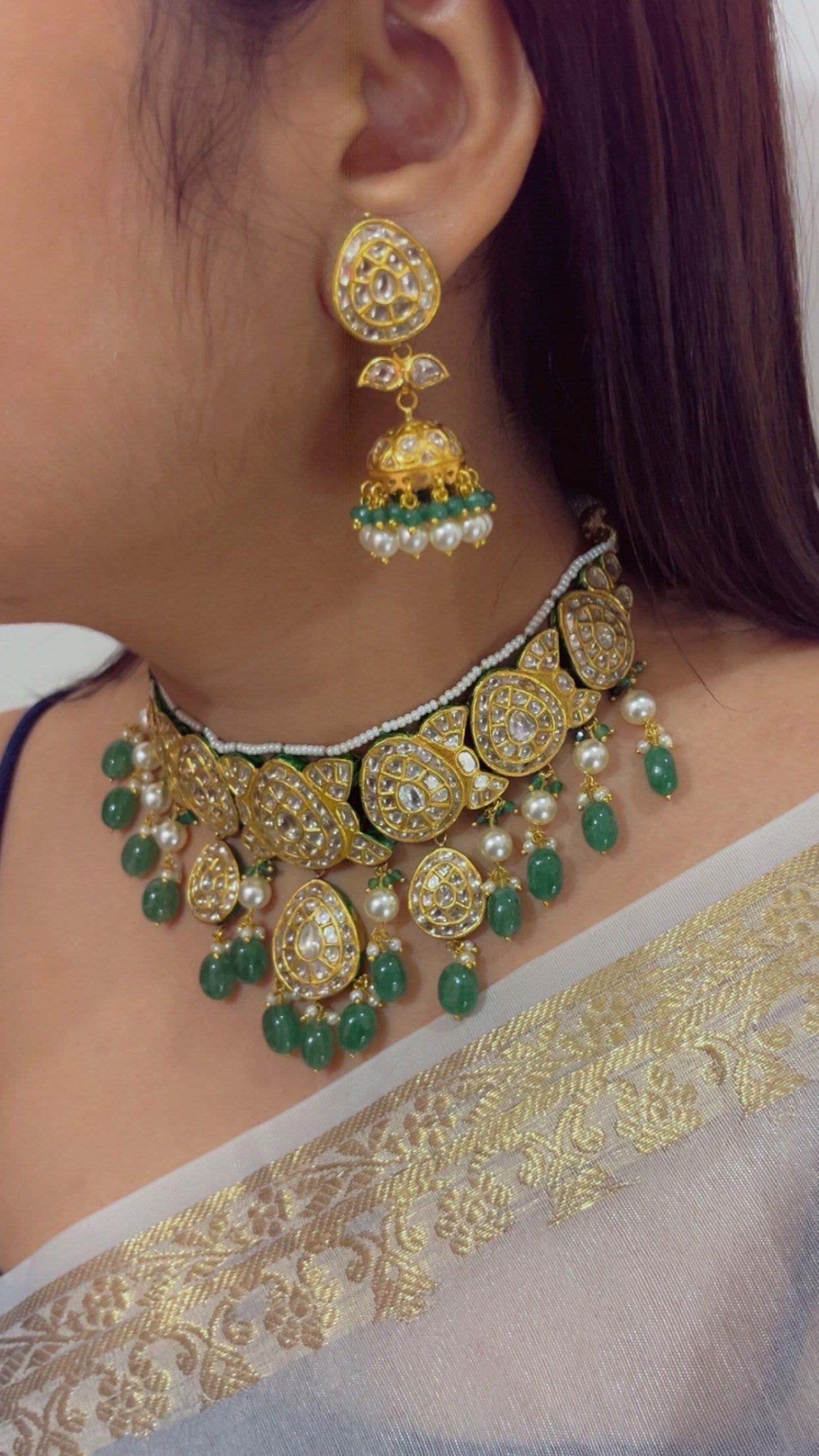 22K Gold Hallmarked Diamond Polki Green Choker Necklace Jewelry