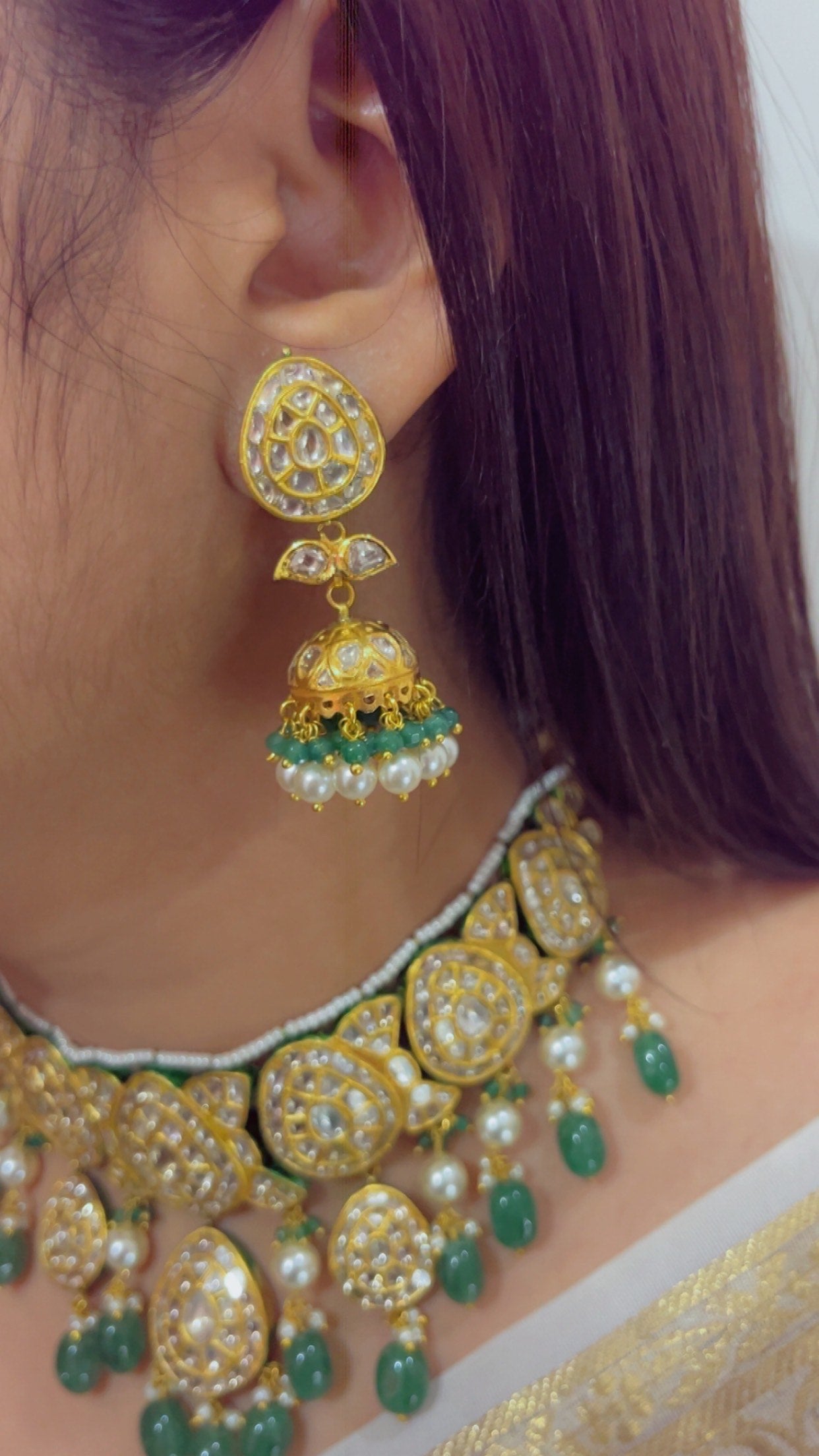 22K Gold Hallmarked Diamond Polki Green Choker Necklace Jewelry