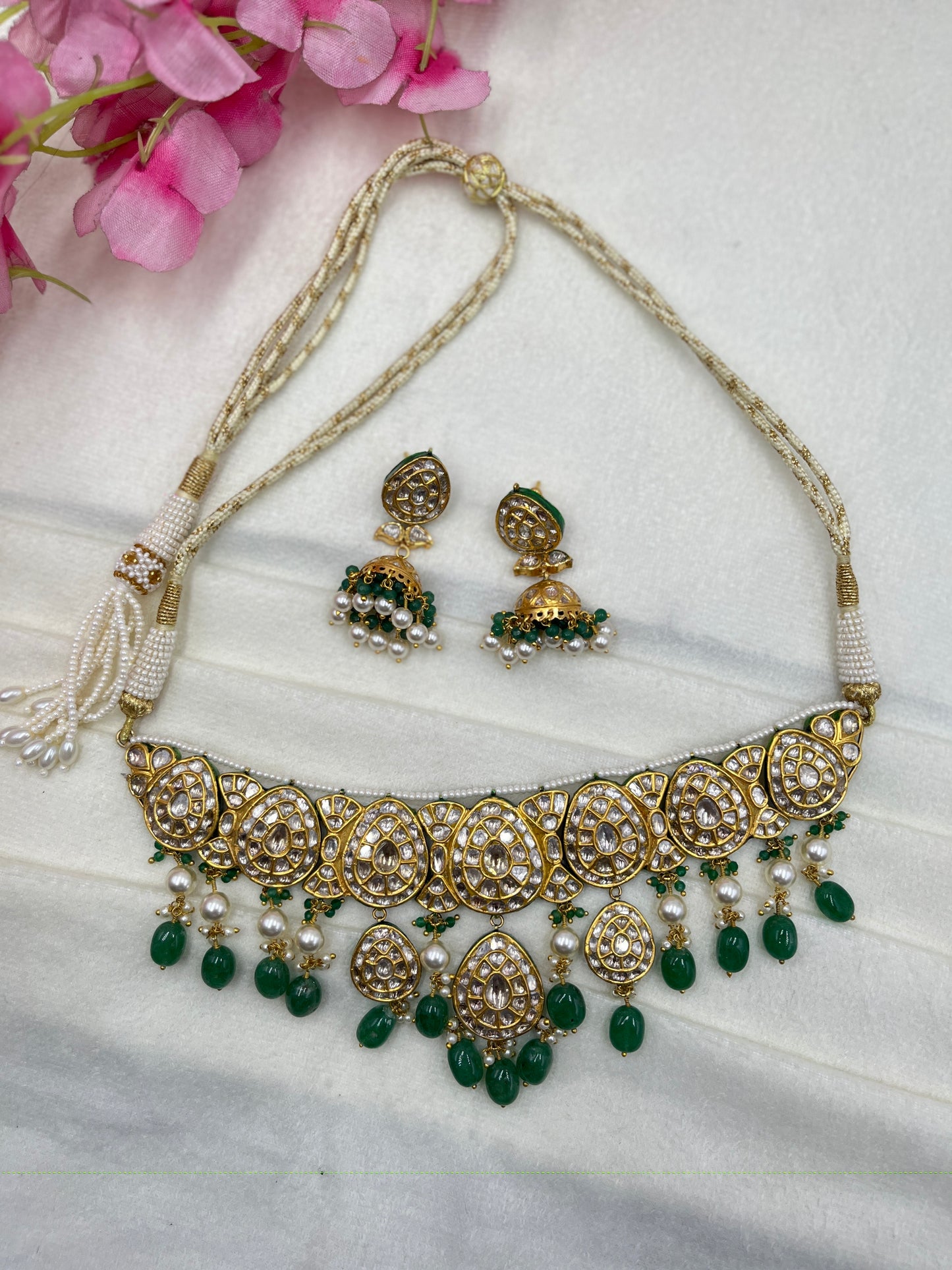 22K Gold Hallmarked Diamond Polki Green Choker Necklace Jewelry