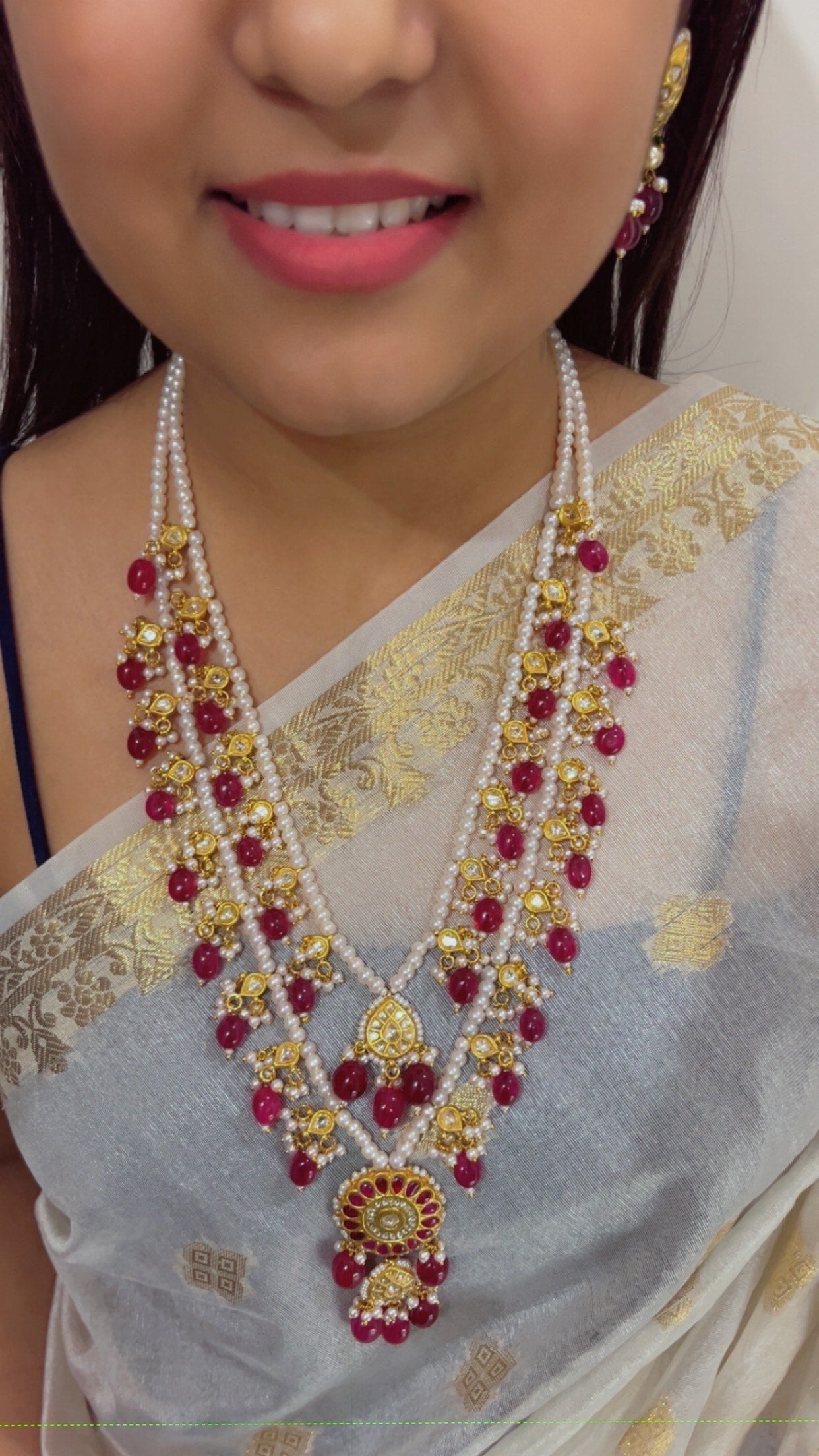 22K Gold Hallmarked Diamond Polki Red Rani Haar Necklace Jewelry