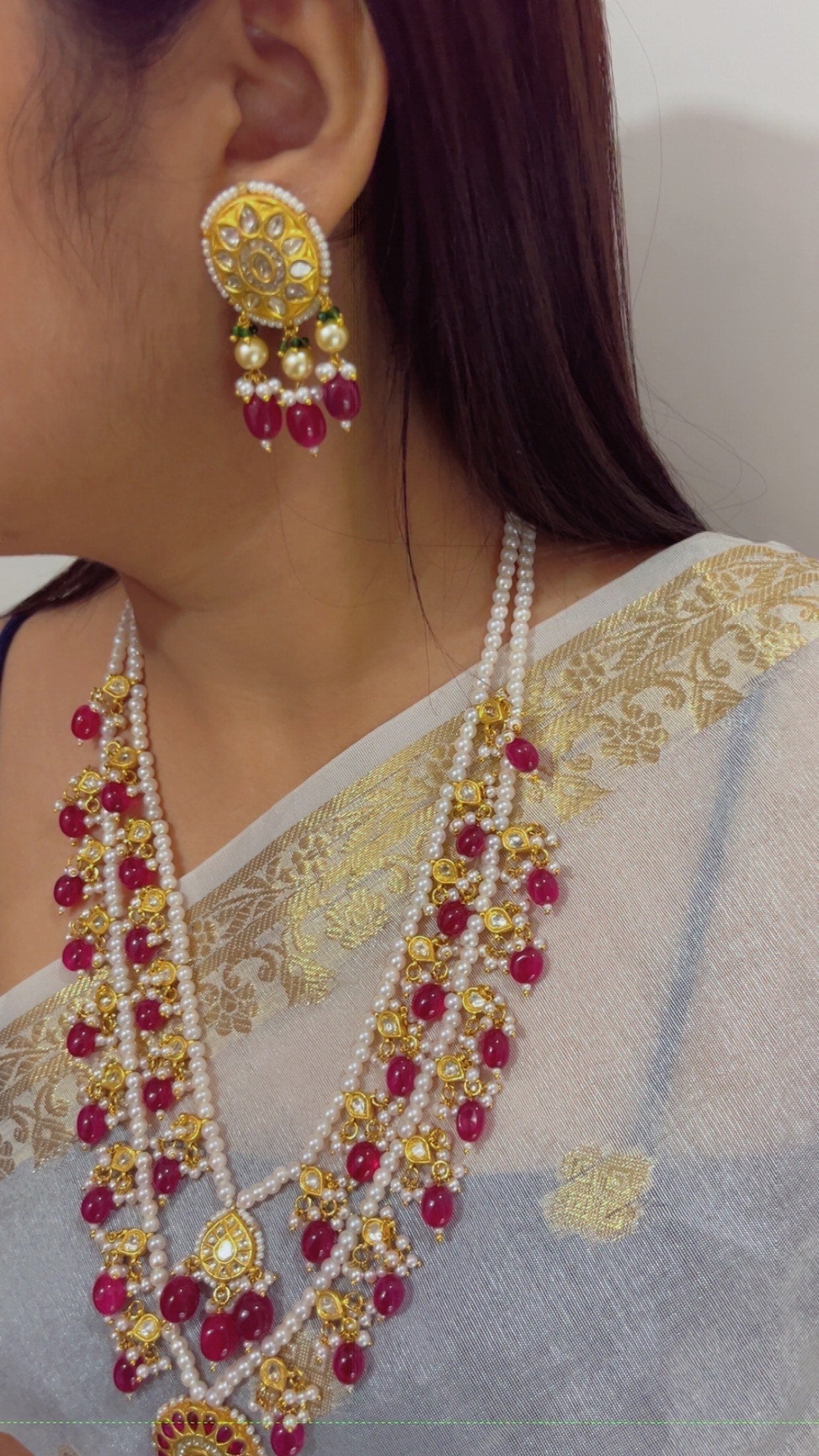 22K Gold Hallmarked Diamond Polki Red Rani Haar Necklace Jewelry