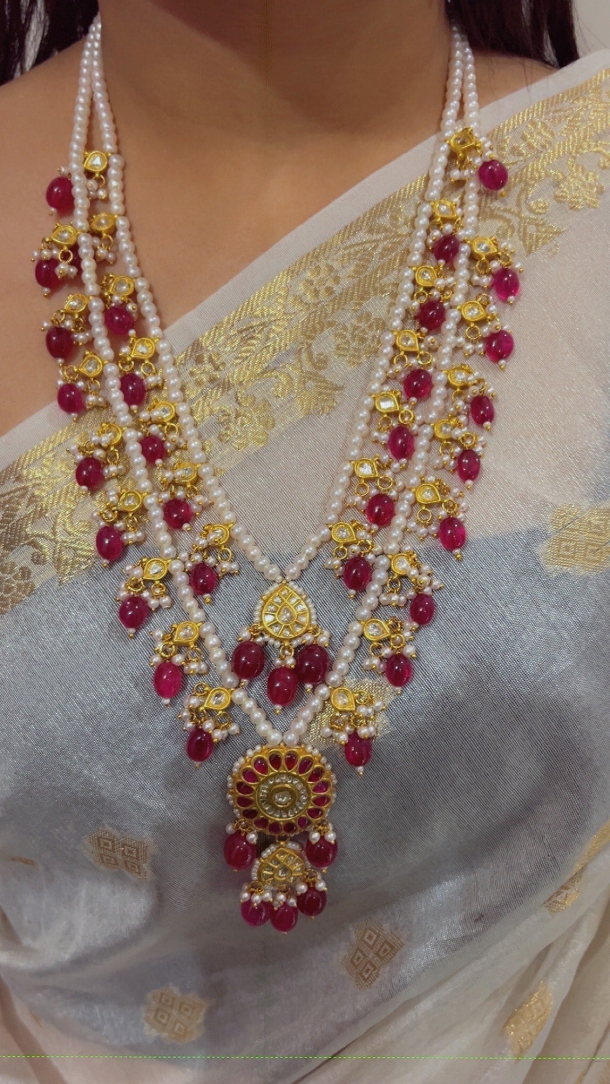 22K Gold Hallmarked Diamond Polki Red Rani Haar Necklace Jewelry