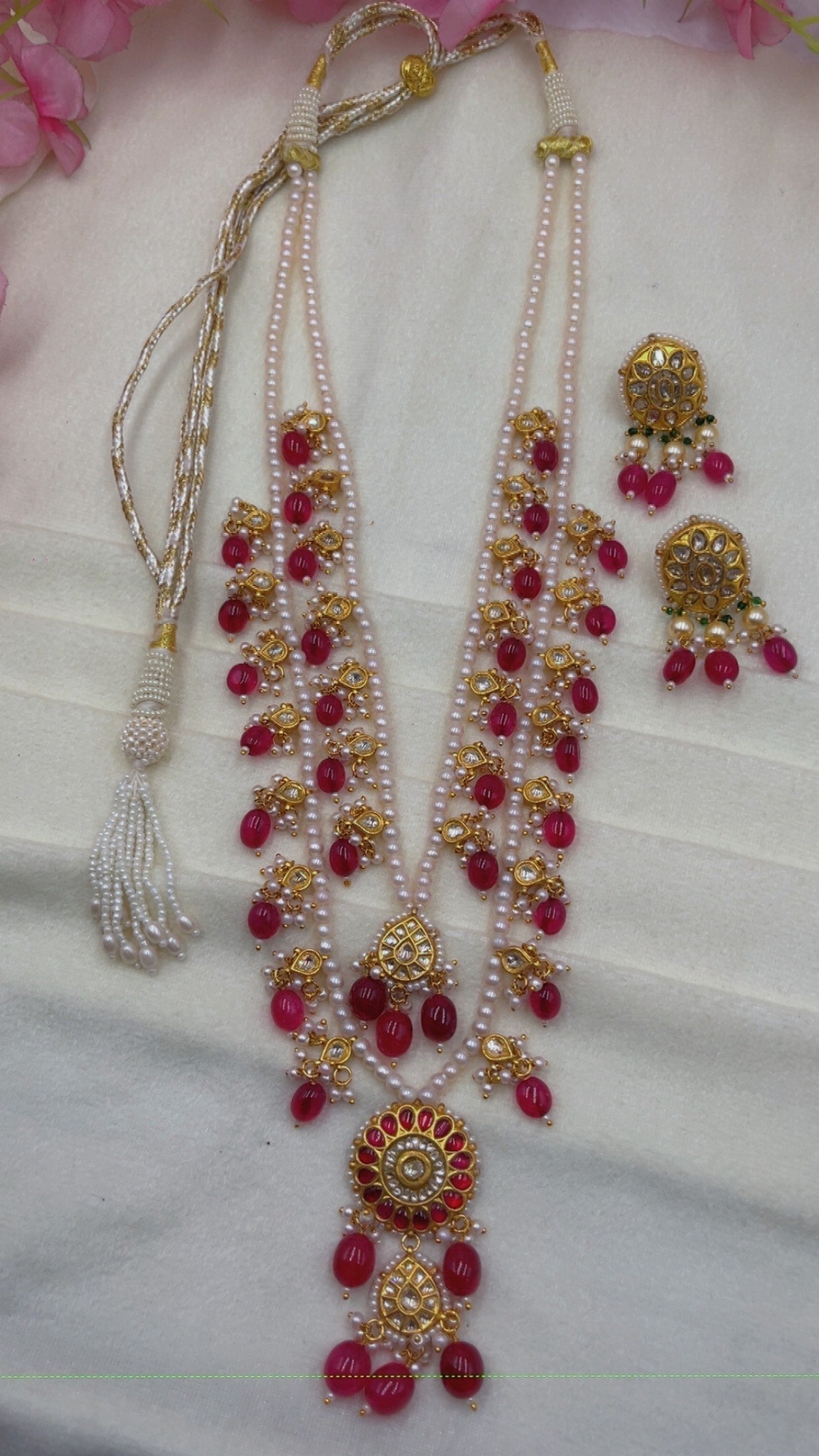 22K Gold Hallmarked Diamond Polki Red Rani Haar Necklace Jewelry